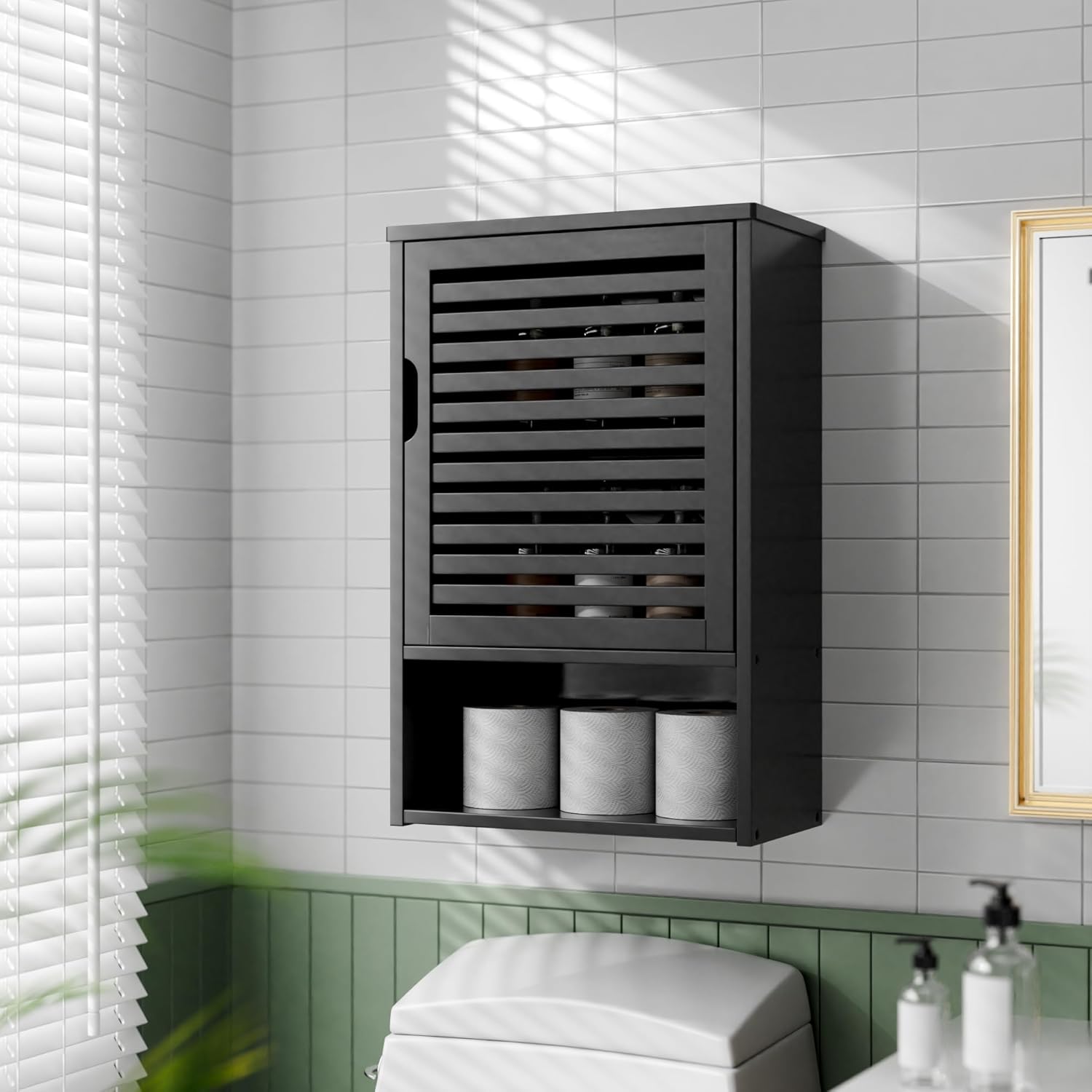 HITNET Bathroom Storage Cabinet Wall Mounted, Hanging Medicine Cabinet with Adjustable Shelf, Over the Toilet Space Saver Organizer, Black Bamboo Kitchen Cupboard, Single Door
