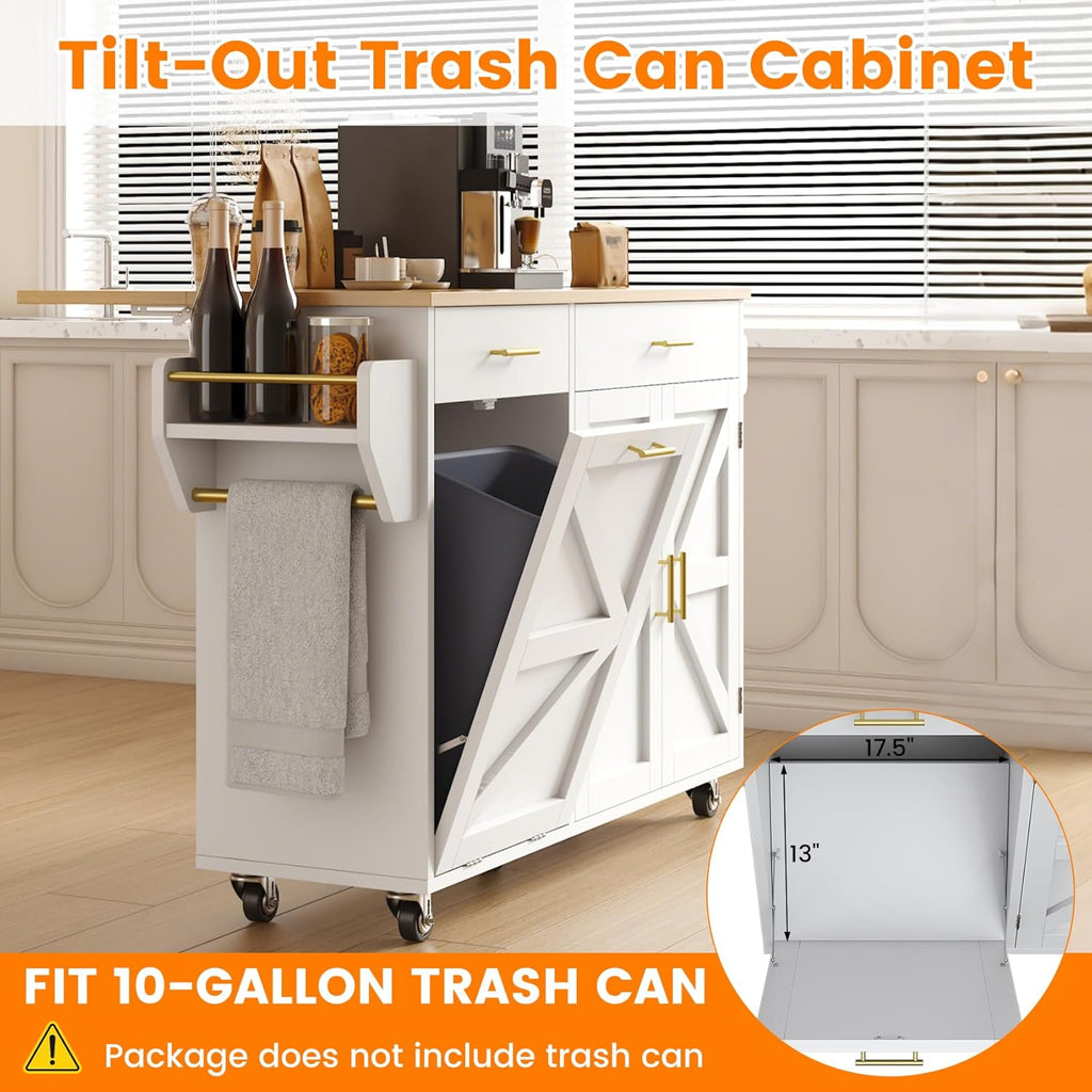 VVFLU 51.8" Kitchen Island Cart with Trash Can Storage, Kitchen Island on Wheels with Power Outlet & Drop Leaf, Rolling Kitchen Cart with Towel Rack & Spice Rack, Mobile Islands Table for Kitchen