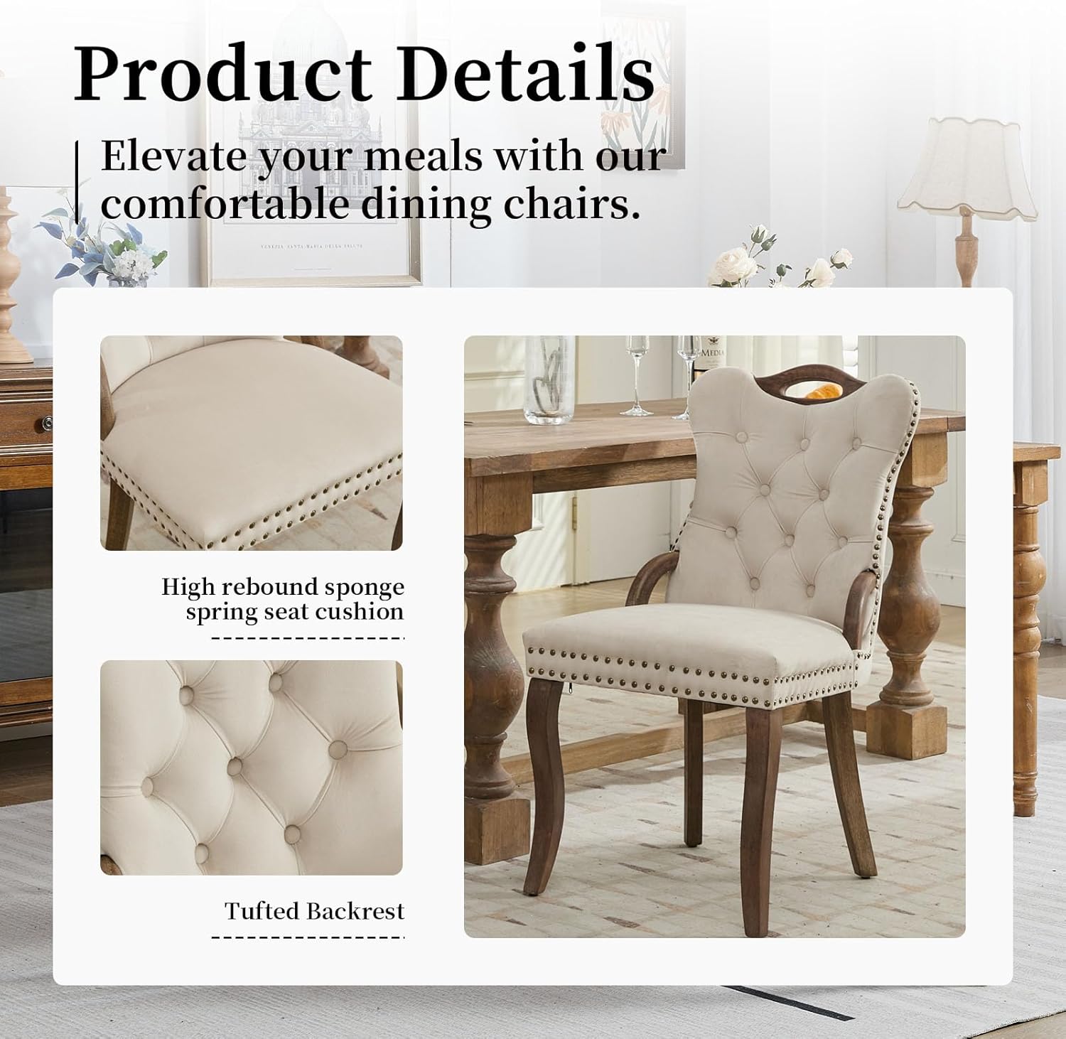 Shenyon Beige Velvet Dining Chairs Set of 6，Modern Upholstered Dining Room Chairs with Tufted Back and Wood Accents, Curved Solid Wood Legs & Nailhead Trim, Sillas De Comedor Modernas 6