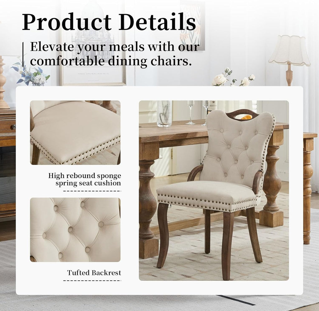 Shenyon Beige Velvet Dining Chairs Set of 4，Modern Upholstered Dining Room Chairs with Tufted Back and Wood Accents, Curved Solid Wood Legs & Nailhead Trim, Sillas De Comedor Modernas 4