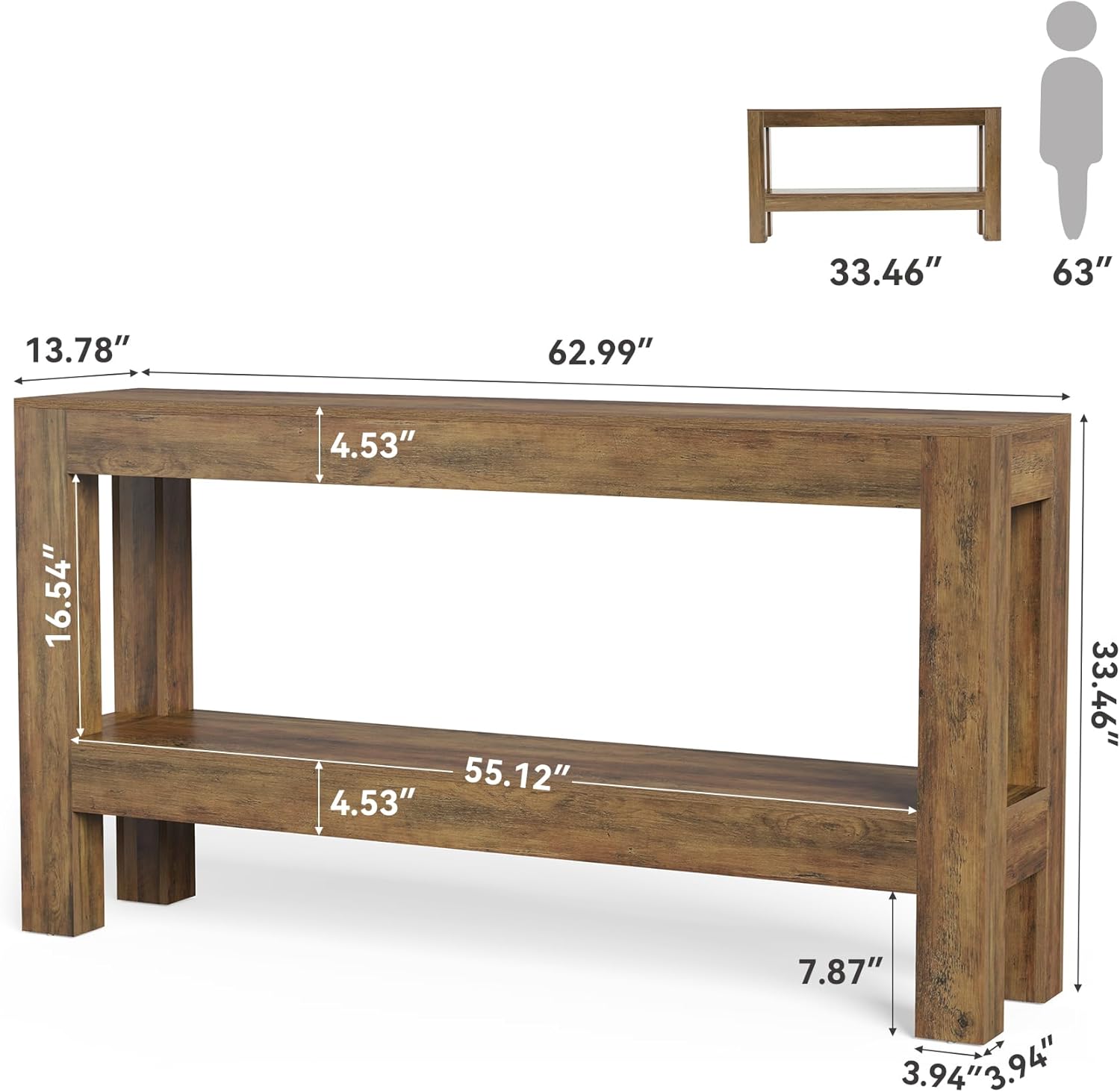 LITTLE TREE 63-Inch Entryway Console Table, Long Farmhouse Narrow Sofa Table for Living Room, Hallway, Entry, Entrance, Foyer, Behind Couch with 2-Tier Shelves, Rustic Brown