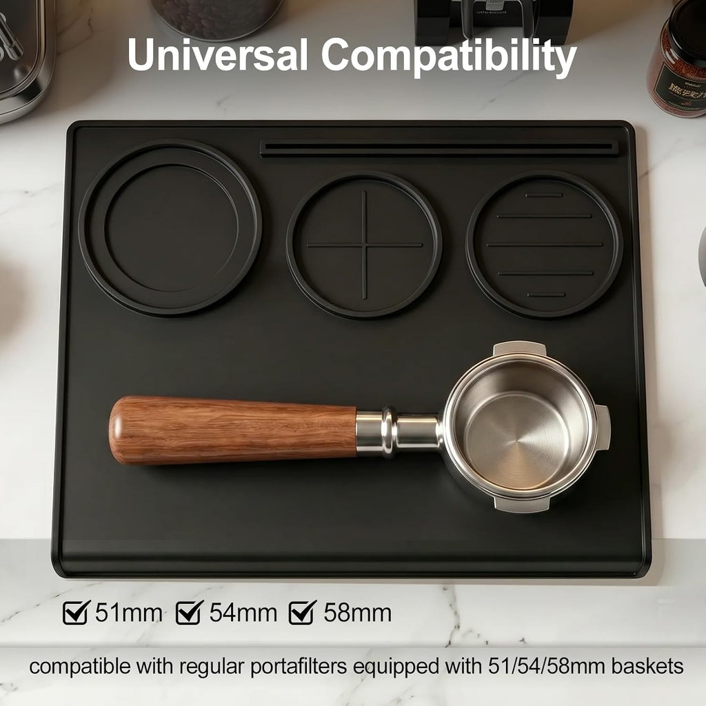 Espresso Tamping Mat, 90° Corner Silicone Coffee Bar Mat for 51/54/58mm Portafilters, Drawer-Friendly Tamper Mat with Tamper, Distributor & Puck Screen Slots, Countertop Protector, Black