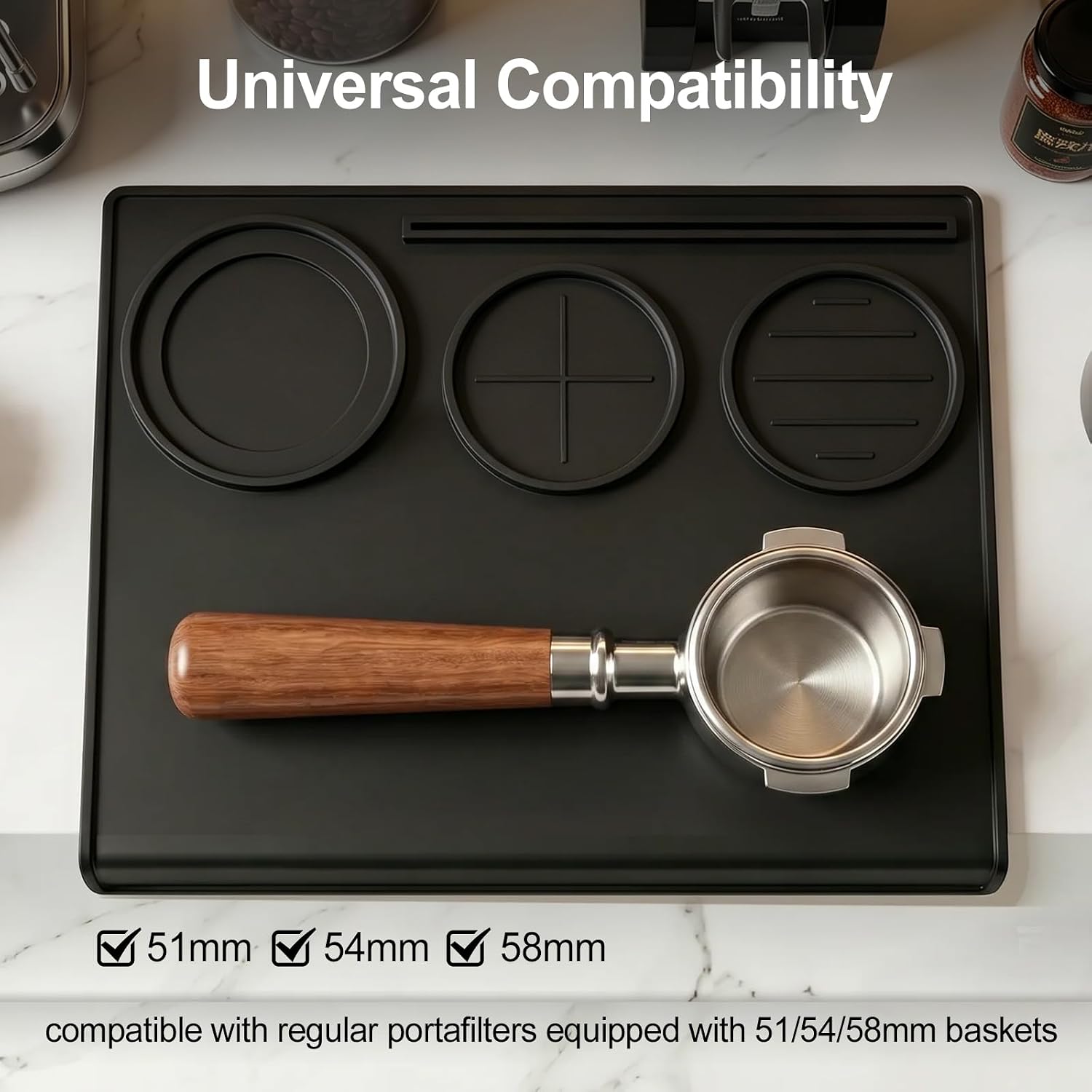 Espresso Tamping Mat, 90° Corner Silicone Coffee Bar Mat for 51/54/58mm Portafilters, Drawer-Friendly Tamper Mat with Tamper, Distributor & Puck Screen Slots, Countertop Protector, Black