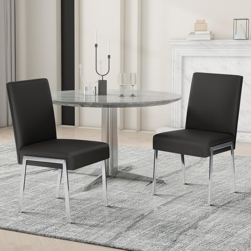 Modern Dining Chair Set of 2, Comfortable Dining Chair with Thick Cushions, Upholstered Leather Kitchen Side Chair with Metal Feet for Home, Kitchen, Living Room, Dining Room and Cafeteria, Black