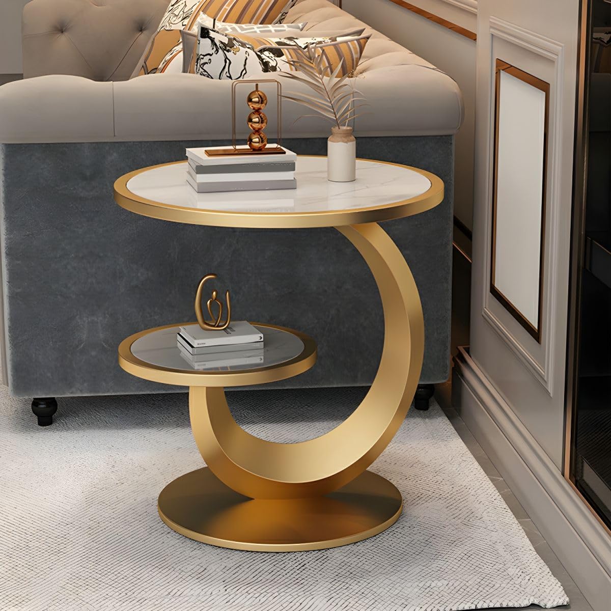 Round Stone Top Side Table with Storage Shelf - Modern End Table for Living Room, Sofa, or Couch
