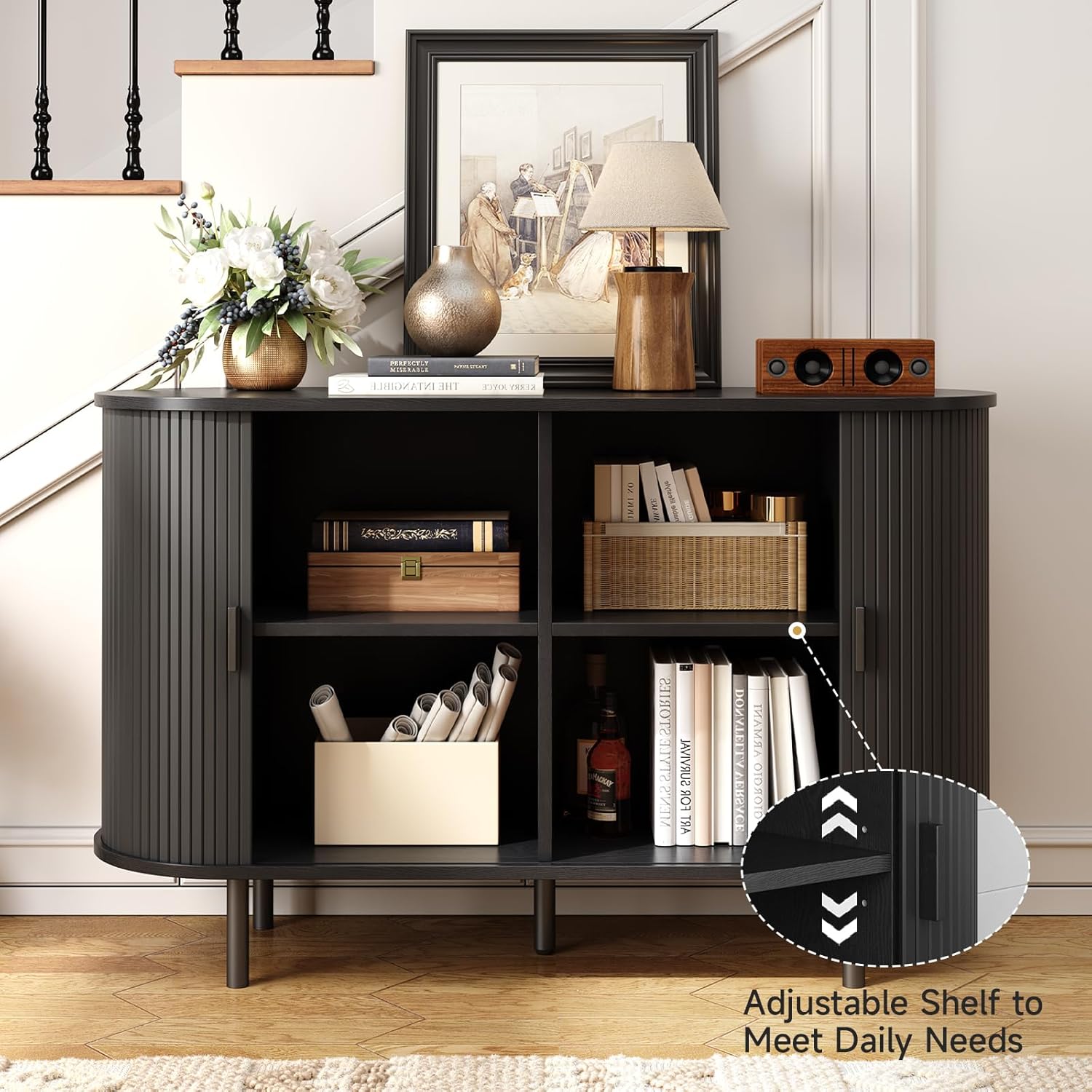 ONBRILL 48" Sideboard Buffet Cabinet with Storage, Storage Cabinet with Sliding Door & Adjustable Shelf, Modern Accent Coffee Bar Console Table for Kitchen, Entryway, Black