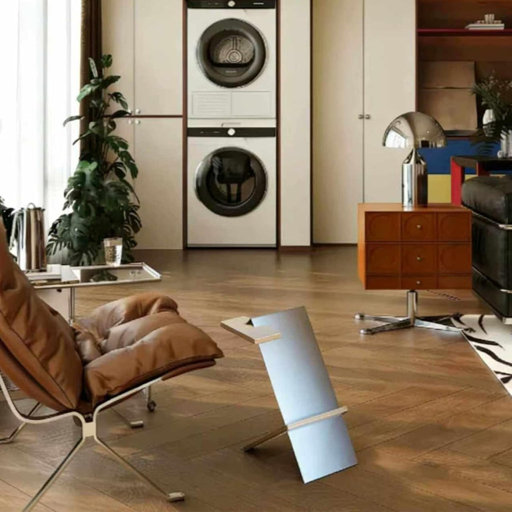 Modern Bauhaus Style Side Table, 201 Stainless Steel, Z-Shape Magazine Rack with Wood Shelves, Minimalist Sofa End Table for Couch Dinner Coffee Drink Table TV Snack Tray, 19.5 x 15.7 x 11.8 Inches