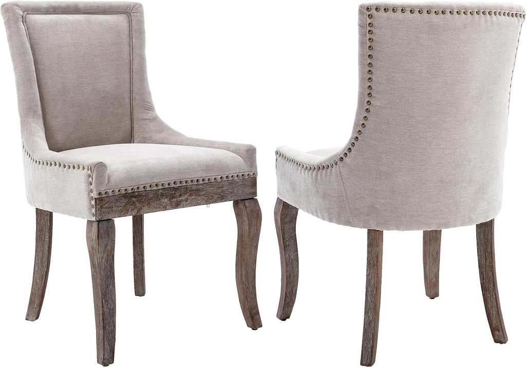 Modern Dining Chairs Set of 2, Fabric Upholstered High Back Chairs with Nailhead Trim and Curved Solid Wood Legs, Sillas de Comedor Accent Chairs for Dining Room, Beige