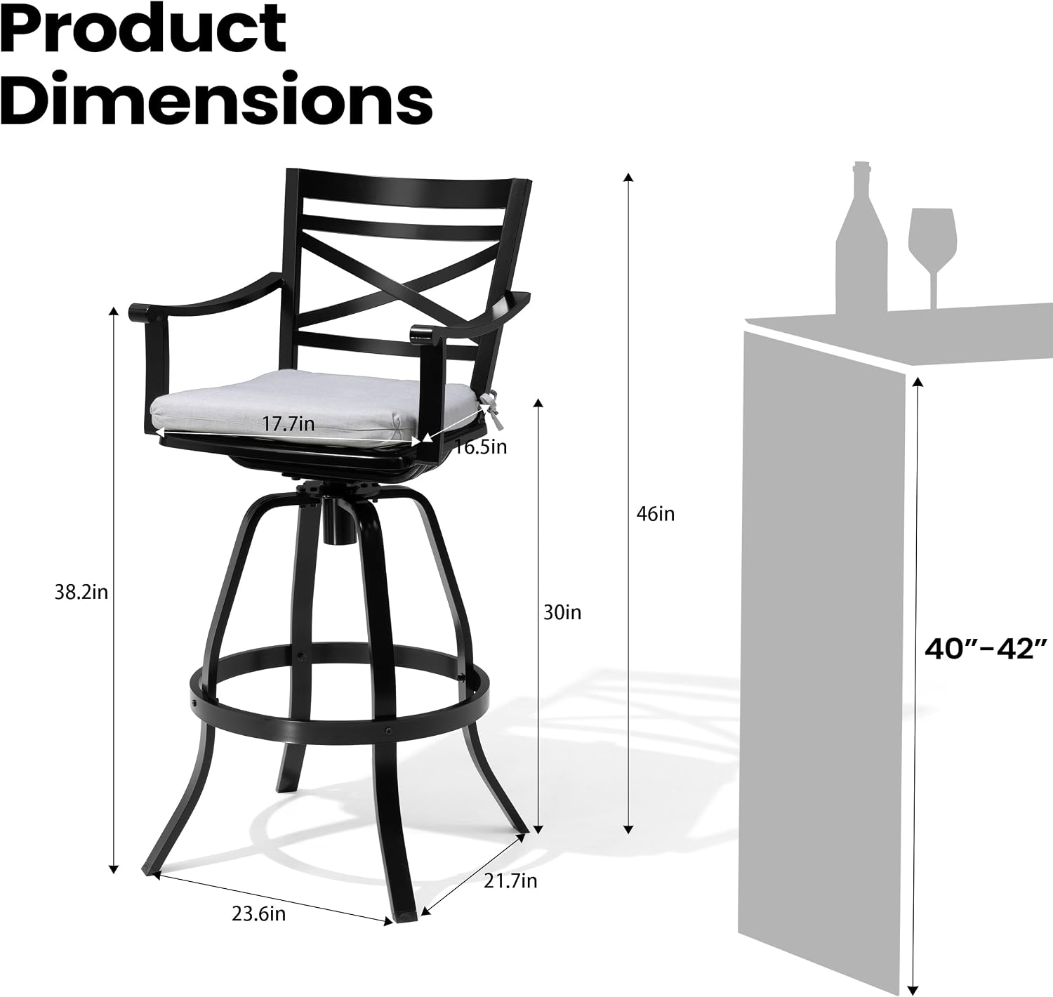Pellebant Swivel Aluminum Outdoor Bar Stools Set of 2, 30" Patio Bar Height Bar Stools with Sunbrella Cushion & Back, Anti-Rust Barstools for Deck Backyard Garden, Cast Silver