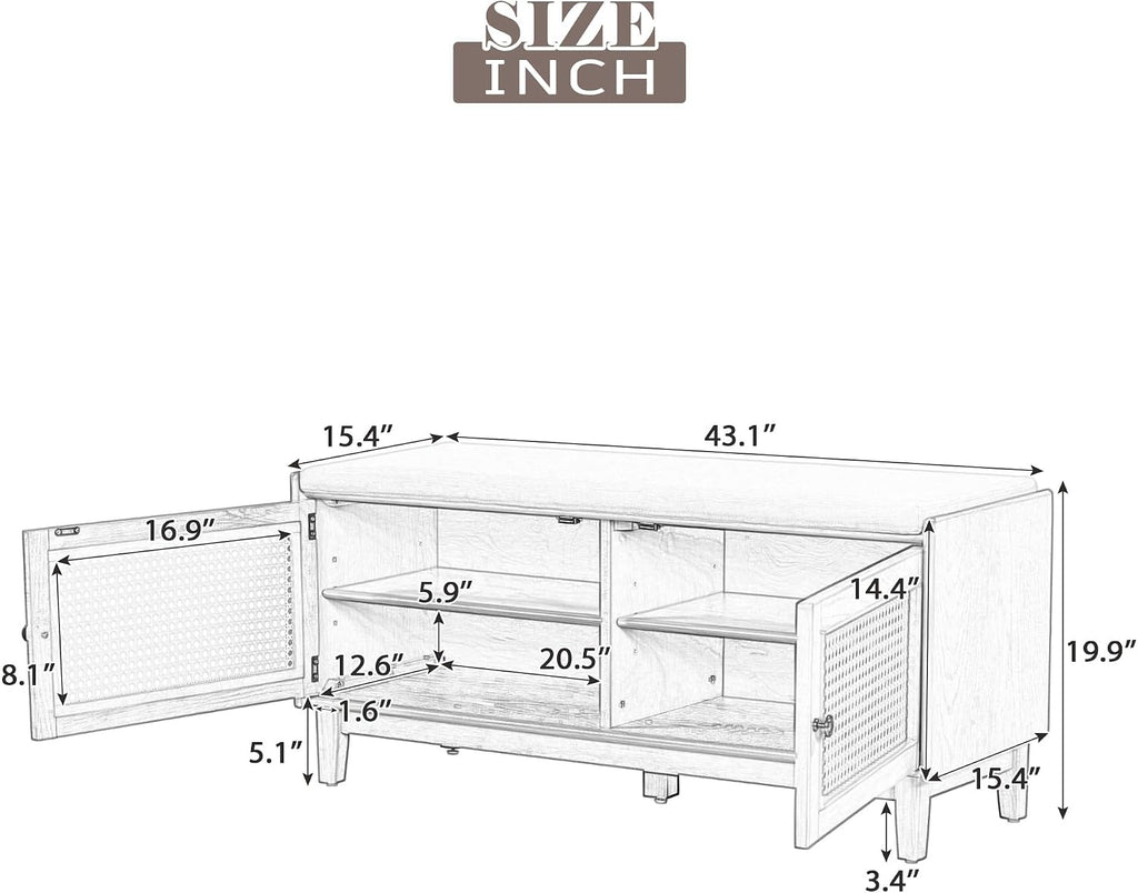 LUMISOL 2-Tier Storage Bench, Rattan Entryway Bench with Storage, Cushioned Shoe Bench with Double Doors for Entryway, Hallway, Grey+Beige