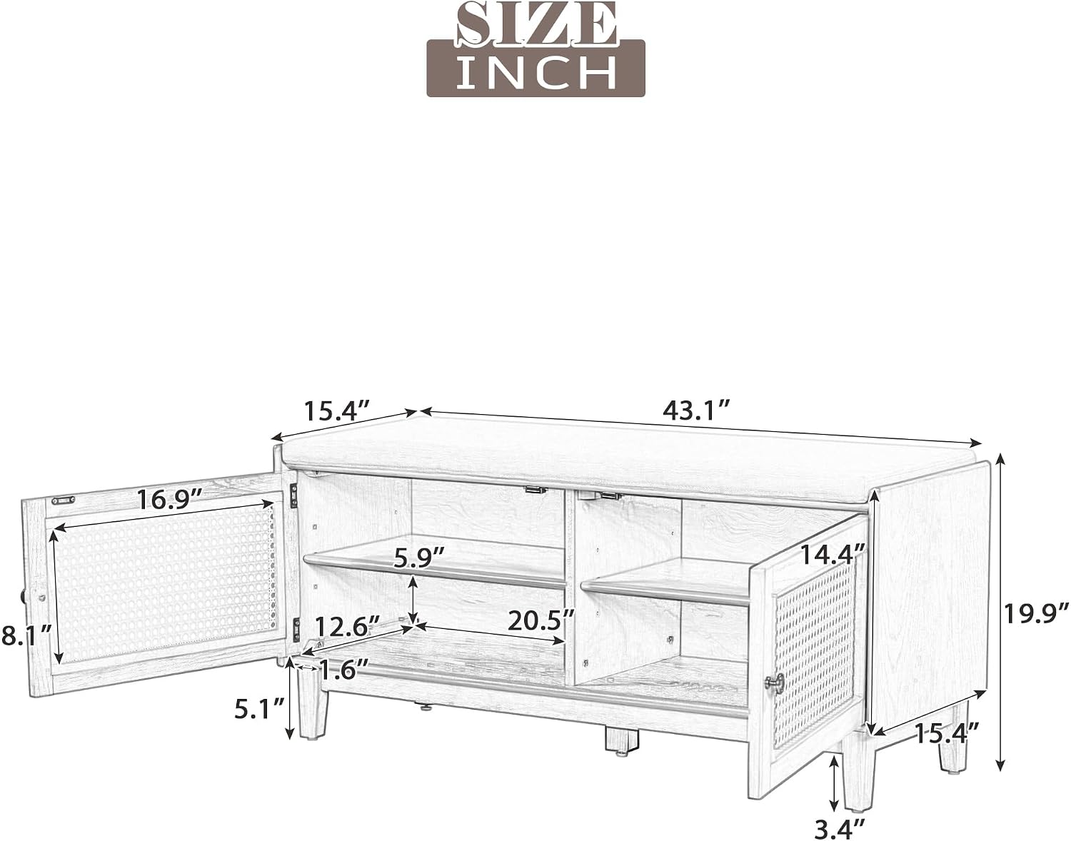 LUMISOL 2-Tier Storage Bench, Rattan Entryway Bench with Storage, Cushioned Shoe Bench with Double Doors for Entryway, Hallway, Grey+Beige