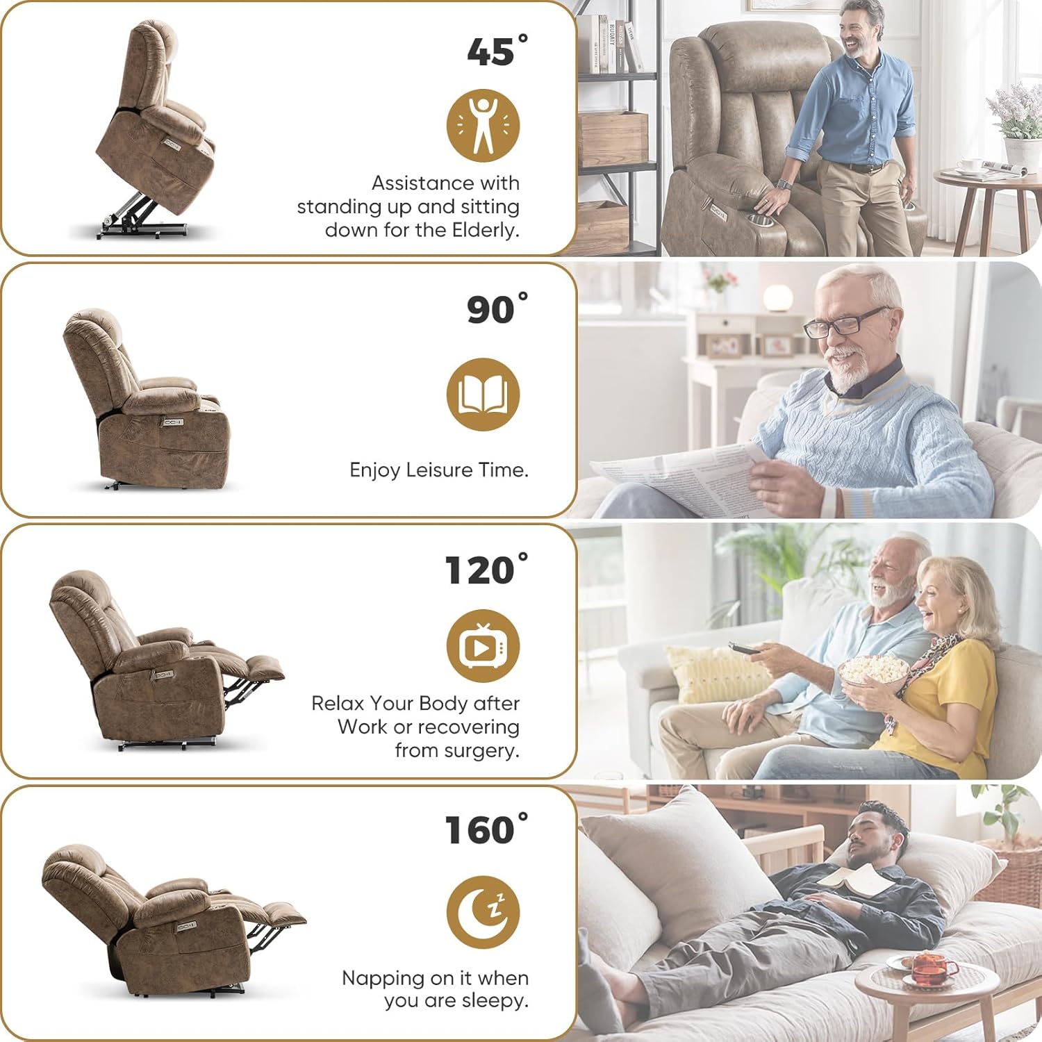 Oversized Power Lift Recliner Chair for Elderly, Big and Tall with Massage and Heating, Breathable Faux Leather with Metal Cup Holders, USB A&C Ports, Light Brown