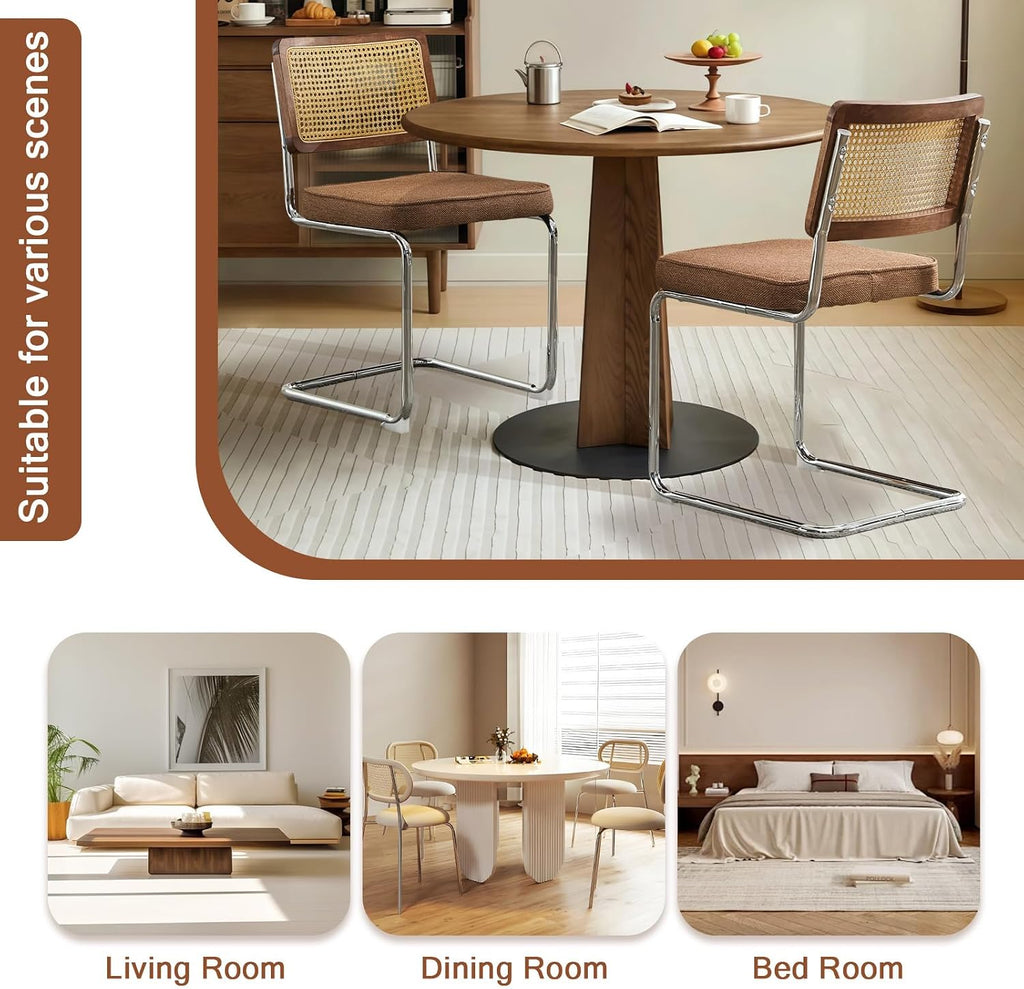 Rattan Back Linen Dining Chair Set of 2 Modern Stainless Chrome Base Armless Upholstered Side Chair for Dining Room, Kitchen Island,Coffee