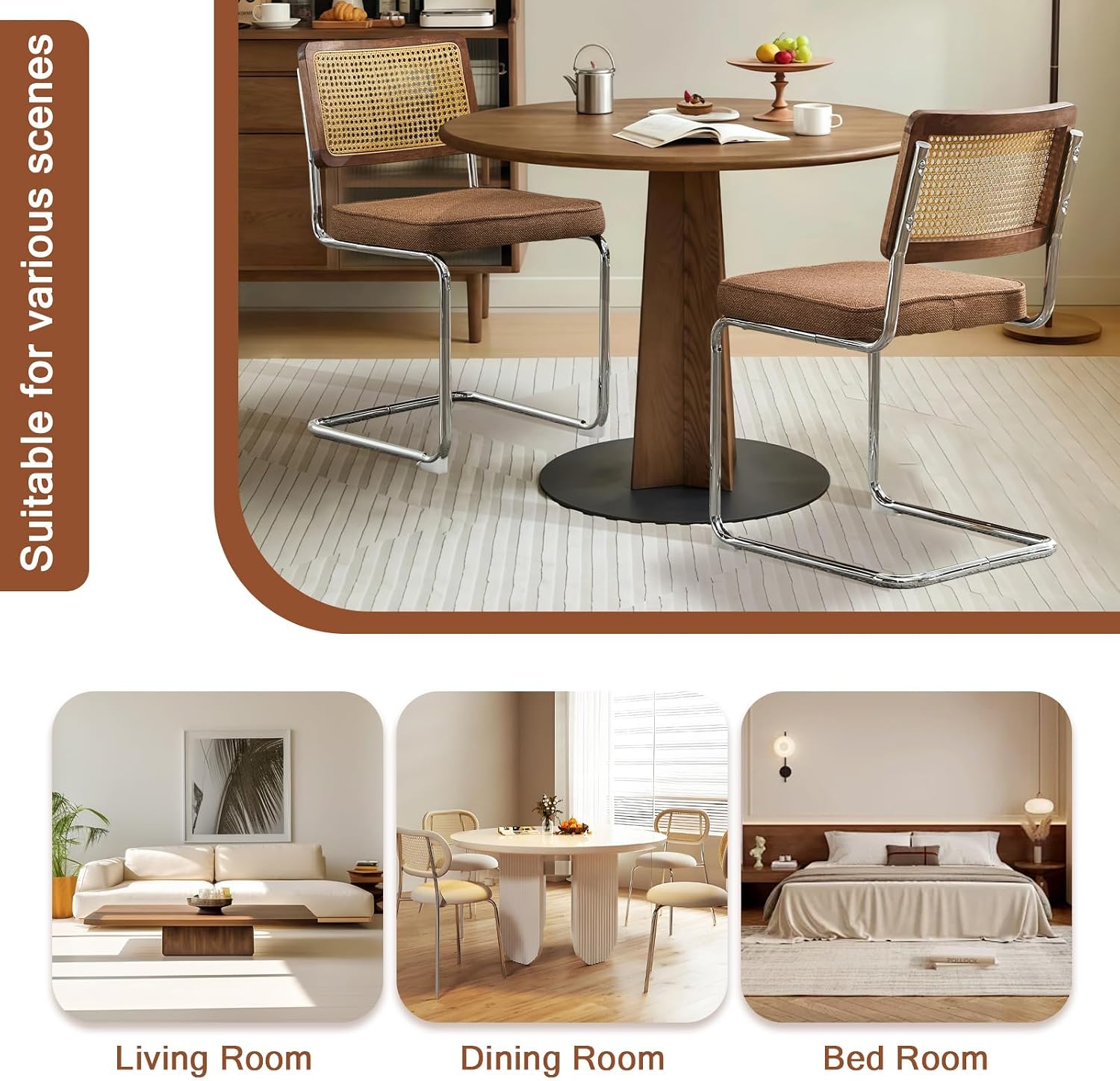 Rattan Back Linen Dining Chair Set of 2 Modern Stainless Chrome Base Armless Upholstered Side Chair for Dining Room, Kitchen Island,Coffee