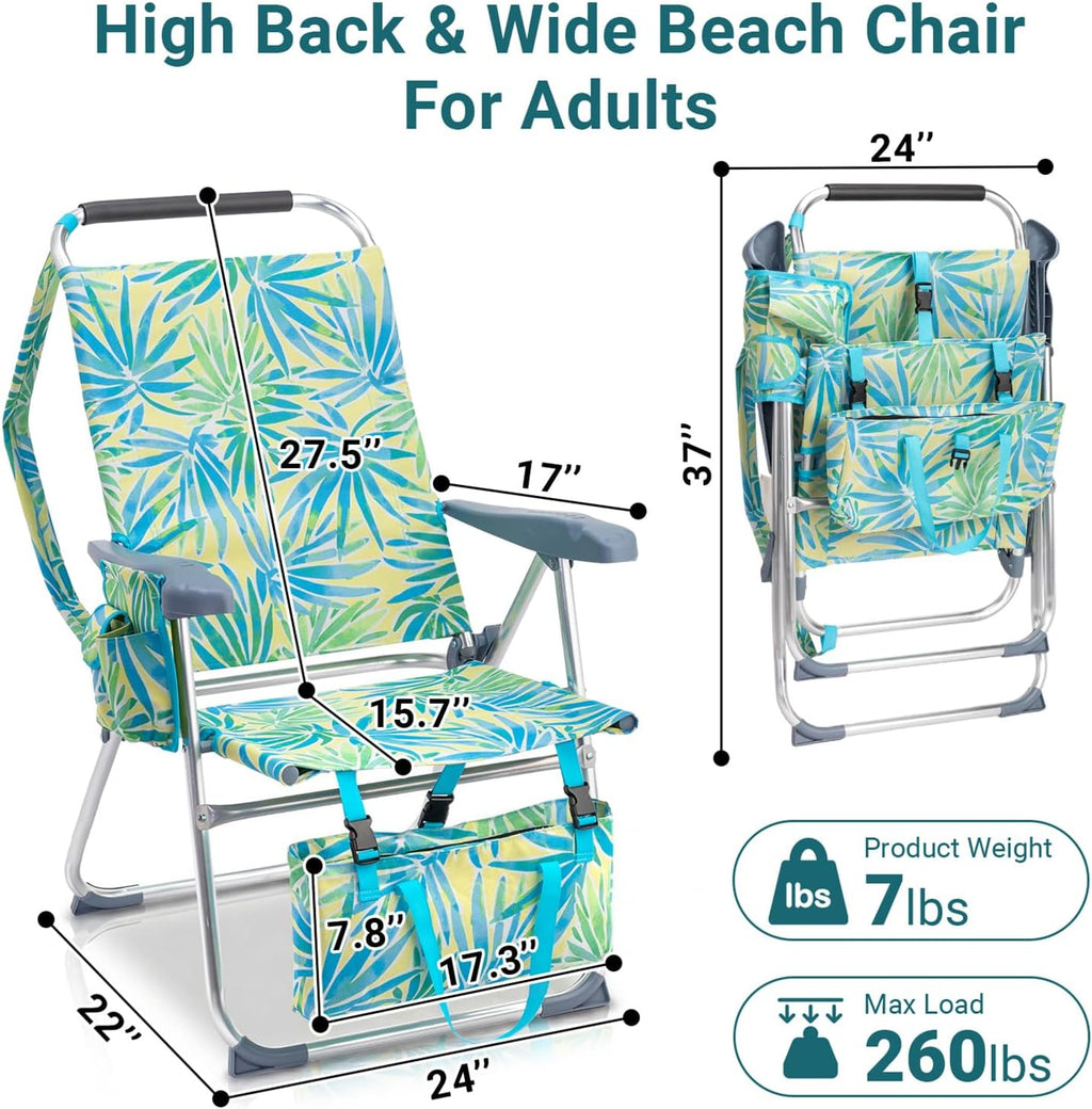 Portable Beach Chair for Adults, Lightweight Folding Lawn Chair with Cup Holder, Headrest, Side Pocket and Bottom Storage Bag, Camping Gear for Picnic Patio Sporting Events, 260 lbs, Green & Blue