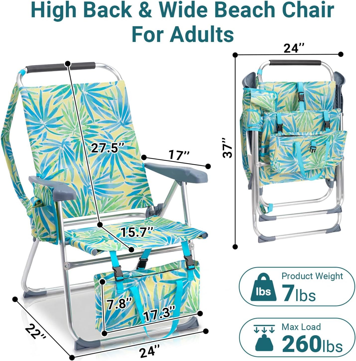 Portable Beach Chair for Adults, Lightweight Folding Lawn Chair with Cup Holder, Headrest, Side Pocket and Bottom Storage Bag, Camping Gear for Picnic Patio Sporting Events, 260 lbs, Green & Blue
