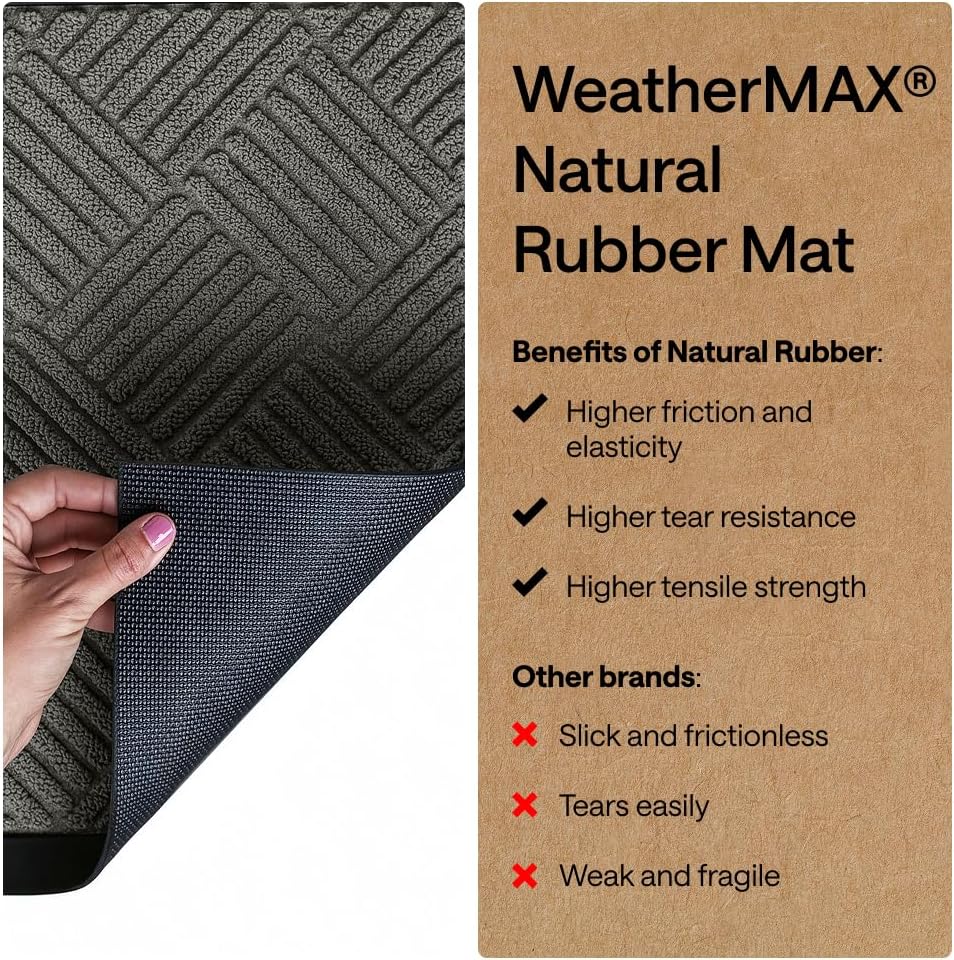GORILLA GRIP 100% Waterproof All-Season WeatherMAX Doormat US Designed Natural Rubber, Stain Fade Resistant, Low Profile Indoor Outdoor Door Mats, Easy Clean, 29x17 Gray Diamond