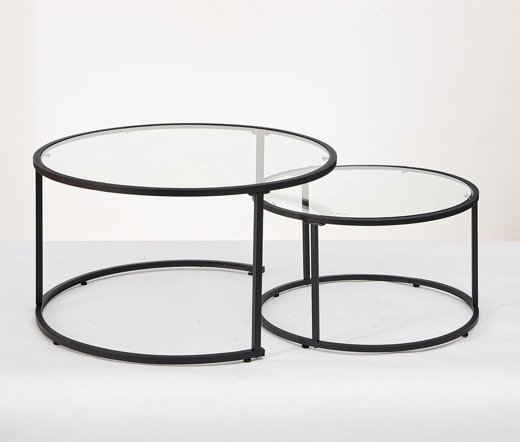 Modern Nesting Glass Coffee Table Set of 2, Round Tempered Glass Coffee Table for Living Room & Bedroom, Space-Saving Design with Adjustable Feet (Large Size + Black Frame)