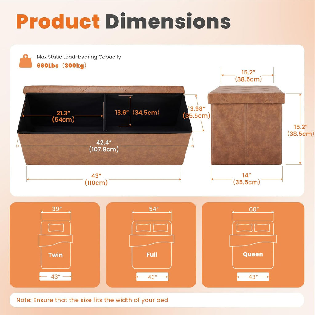 Sweetcrispy 43 Inch Folding Storage Ottoman Bench, Large Hidden Storage Chest with Padded Seat, Foot Rest Stool Supports Up to 660Lbs, End of Bed Bench for Bedroom, Living Room, Faux Leather, Brown