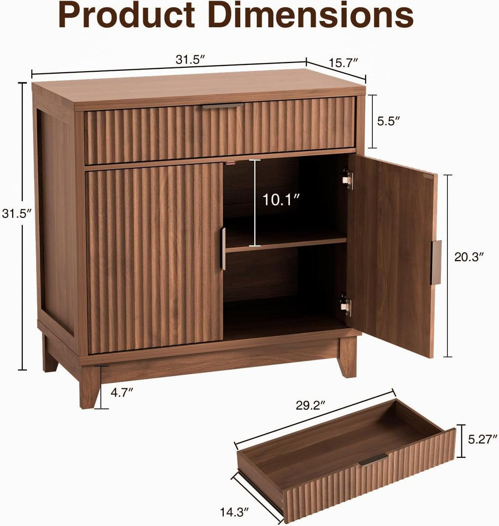 Vabches Fluted Sideboard Buffet Cabinet with Storage, 32" Coffee Bar Console Table with Drawer, Fluted Doors & Adjustable Shelf, Wood Small Buffet Cabinet for Living Room, Kitchen Dining Room, Brown