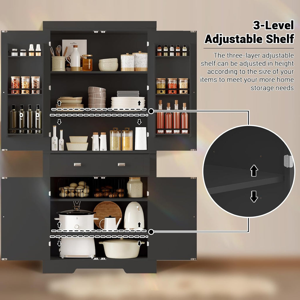 72" Kitchen Pantry Storage Cabinet, Utility Freestanding Food Pantry with 2 Drawer & 6 Door Shelves, Modern Wood Tall Cupboard with 4 Adjustable Shelves for Dining Room, Living Room, Kitchen,Black