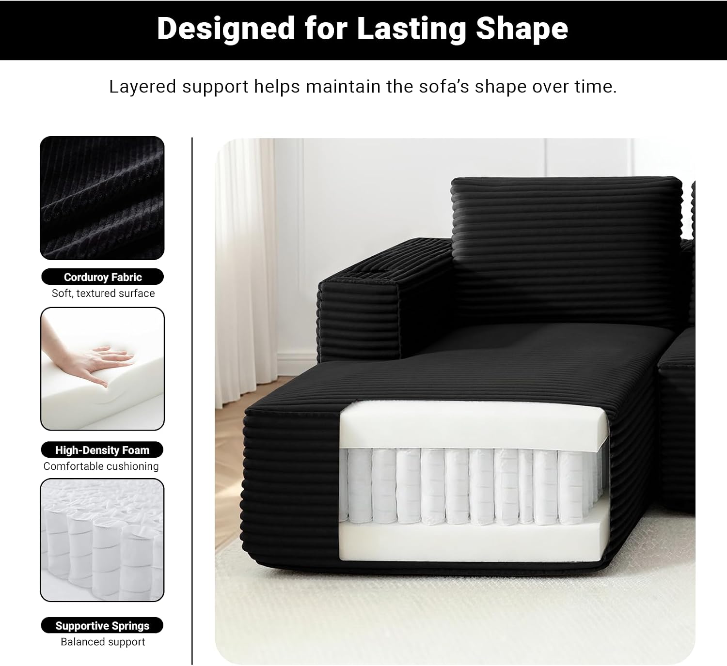 ivoros 125" Cloud Couch Sectional, Modular Sofa with Cup Holder and Storage Pocket, Corduroy U Shaped Boneless Sofas, Couch in a Box, No Assembly Required, Black Couches for Living Room