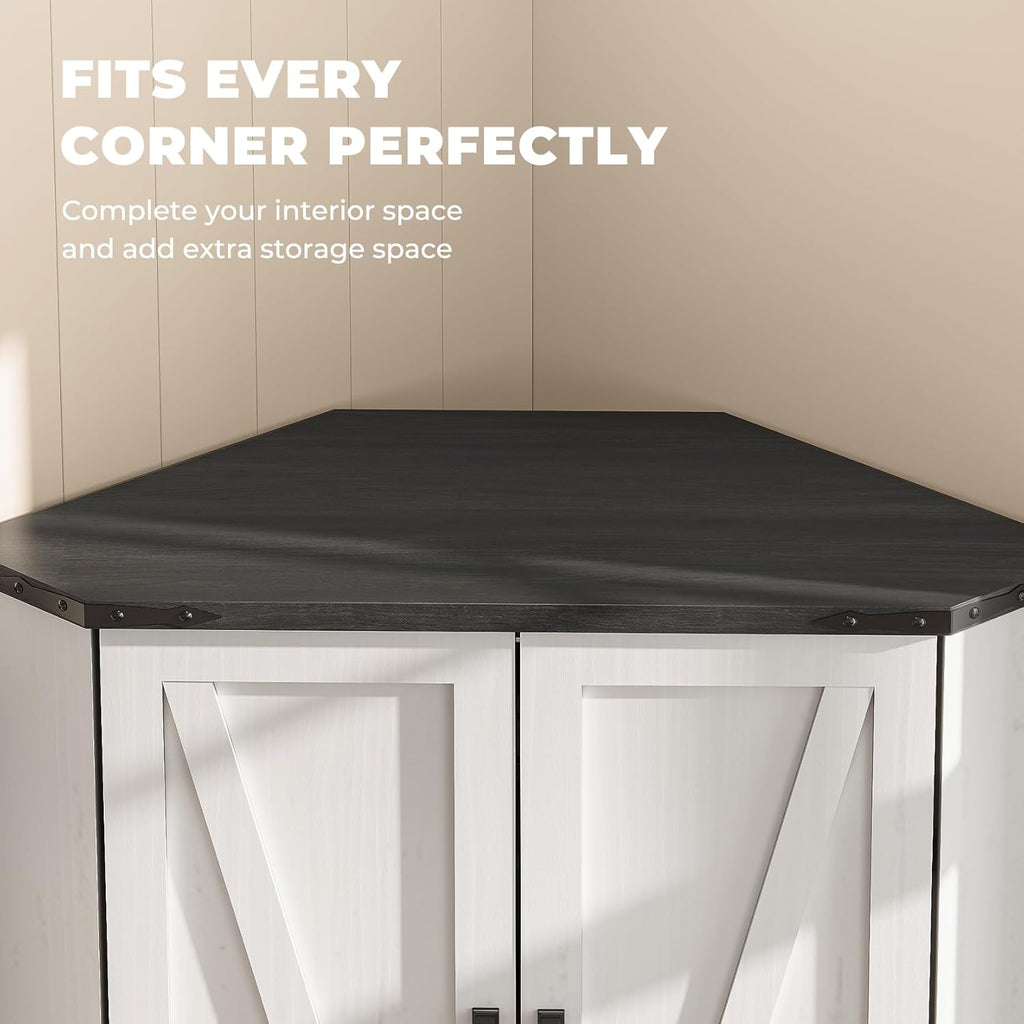 Dripex 71" White Corner Pantry Cabinet, Farmhouse Tall Storage Cabinet with Doors, Adjustable Shelves & LED Light, Kitchen Food Cabinet for Living/Dining Room