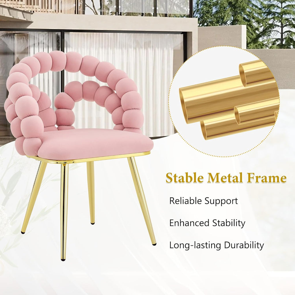 Montary Modern Pink Velvet Dining Chairs with Bubble Back, Set of 2 Accent Chair with Gold Metal Legs, Upholstered Vanity Chair for Dining Room, Living Room, Bedroom