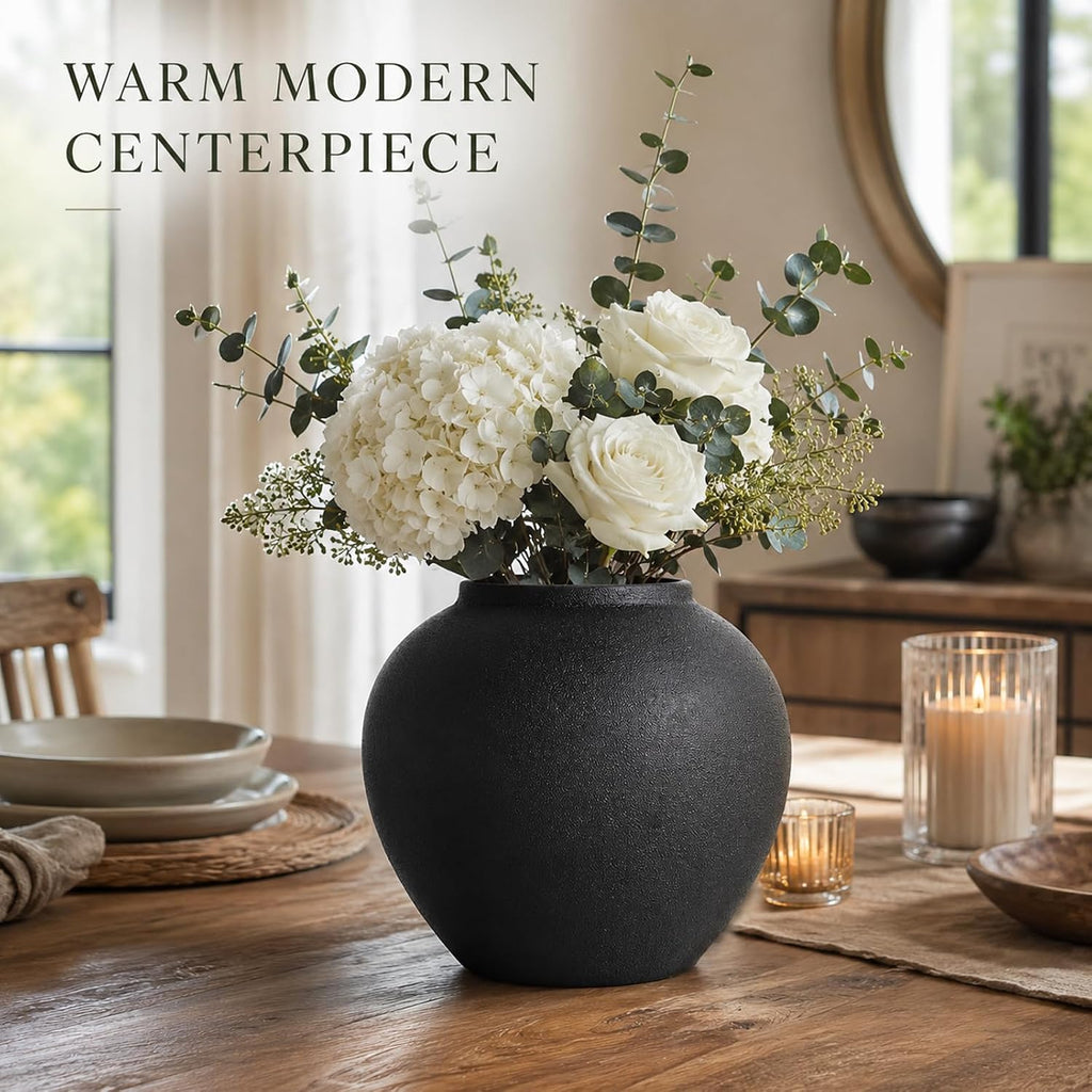 Rustic Ceramic Vase, 8.3" Black Farmhouse Tall Vase, Vintage Vases, Modern Terracotta Decor Vases for Home Decor, Living Room, Entryway, Table Centerpieces, Shelf, Kitchen, Housewarming Gifts