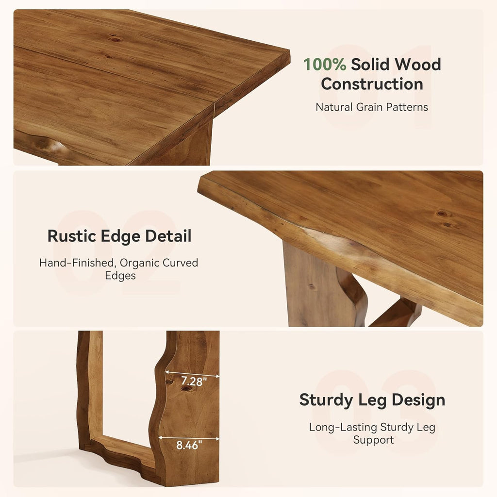 63" Live Edge Solid Wood Dining Table, Modern Rustic Kitchen Table with Sculptural Legs, 6-Person Rectangular Dinner Table for Dining Room, Kitchen,Natural Dark Brown Finish