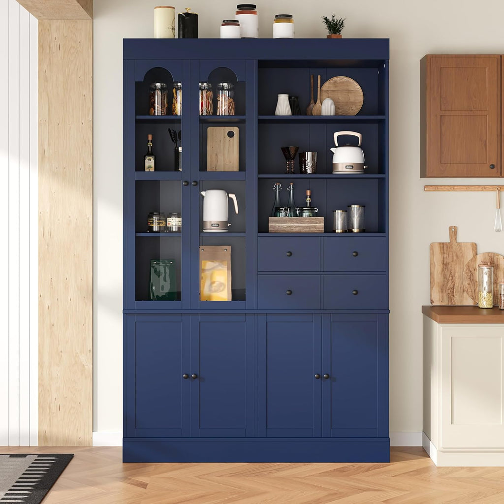 Merax 75" Tall Kitchen Pantry Storage Cabinet with Glass Door, Kitchen Hutch Cabinet with Open Shelves, Drawers, Pull-Out Trays and Door Shelves, Farmhouse Food Pantry for Living Room, Blue