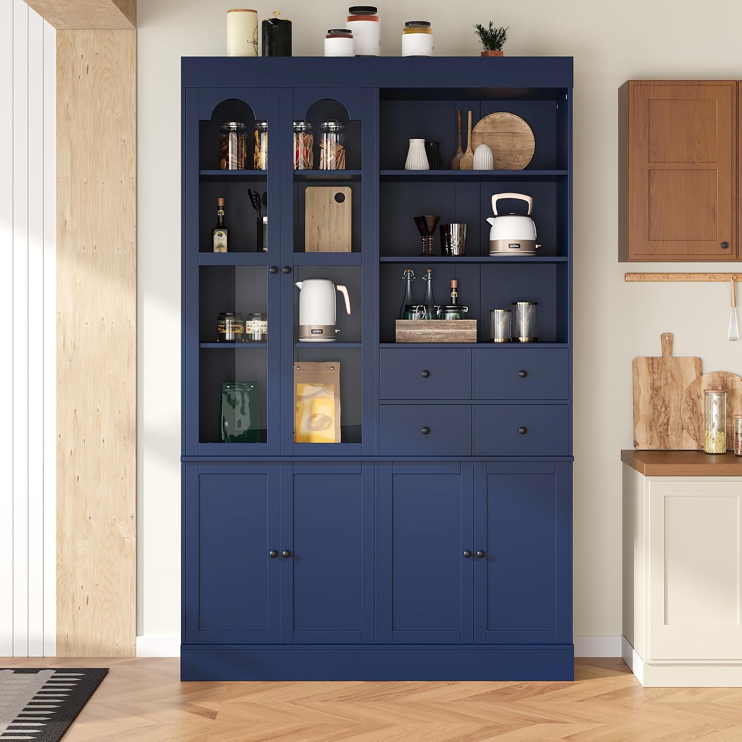Modern Freestanding Buffet with Hutch, Tall Kitchen Pantry Cabinet with 4 Drawers, Door Shelves and Pull-Out Trays,for Dining Room (Blue-Q)