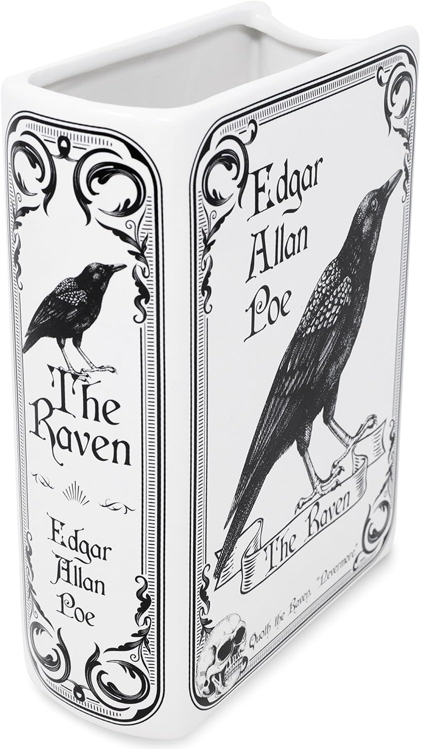 Steel Mill & Co Original Large Book-Shaped Decorative Vase, Ceramic Vases for Home Decor, Gothic Bookshelf Decor, Unique Vase for Book Lovers (The Raven - White)