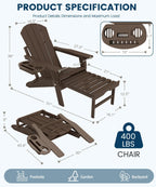 FOOWIN Folding Adjustable Adirondack Chair with Retractable Ottoman Set of 2, HDPE Adirondack Chair w/4 in 1 Cup Holder Trays,All-Weather Resistant Fire Pit Chair for Outdoor Patio Lawn, Coffee