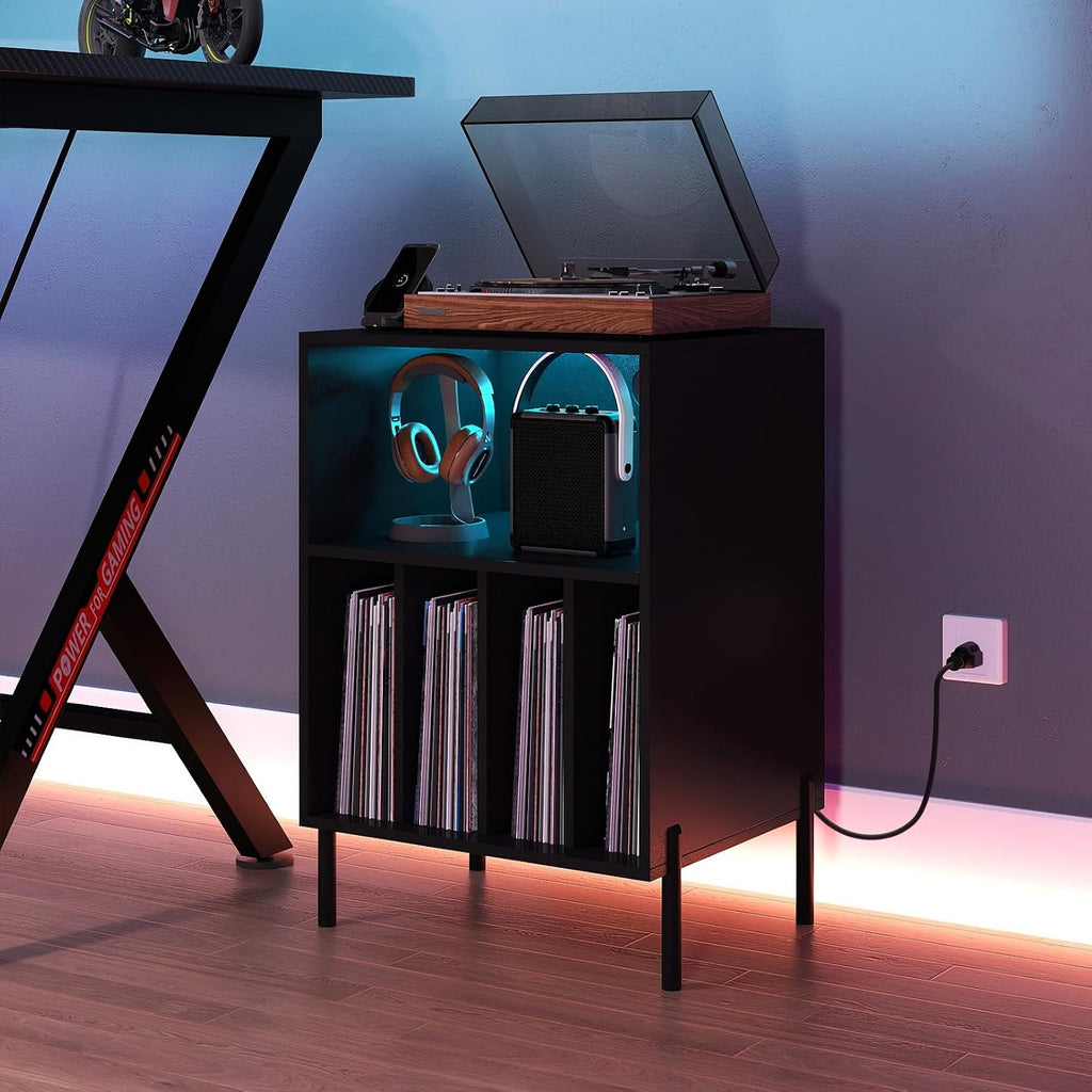 Giantex Record Player Stand with LED Lights & Charging Station, Turntable Stand with Record Holder, Record Player Table with Metal Legs, Vinyl Record Storage for Living Room, Music Room, Black