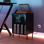 Giantex Record Player Stand with LED Lights & Charging Station, Turntable Stand with Record Holder, Record Player Table with Metal Legs, Vinyl Record Storage for Living Room, Music Room, Black