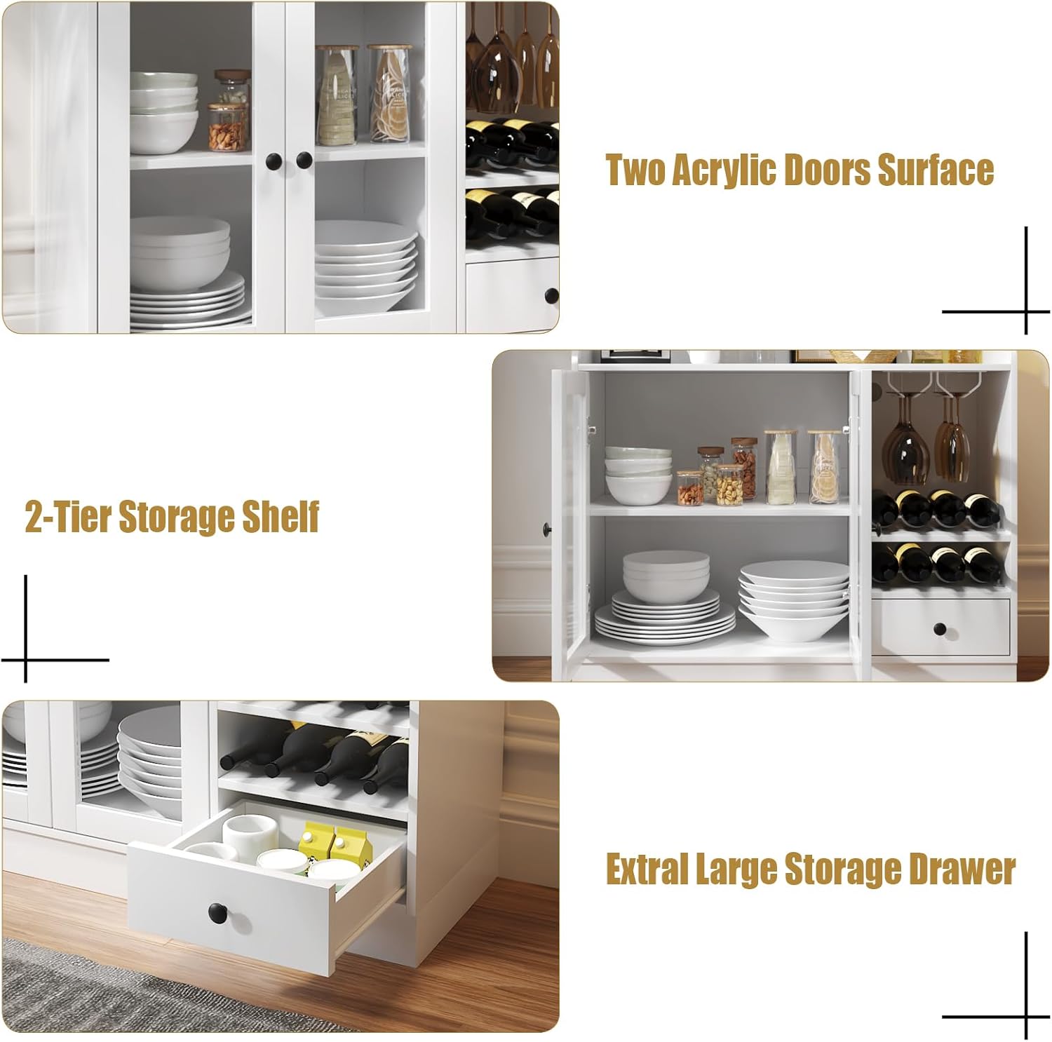 HedoAjim Wine Bar Cabinet with Tempered Acrylic Door & Rack, Freestanding Buffet Sideboard with Glass Holder, Coffee Bar Cabinet for Home Kitchen Living Dining Room, Drawers, Large, LED Lights(White)