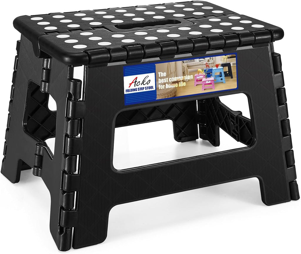 ACKO 12pack Folding Step Stool 9 Inch Step Stool 300 lb Capacity Plastic Foldable Step Stools for Kids and Adults, Folding Stool Suitable for Kitchen, Small Stepping Stool with Handle Black