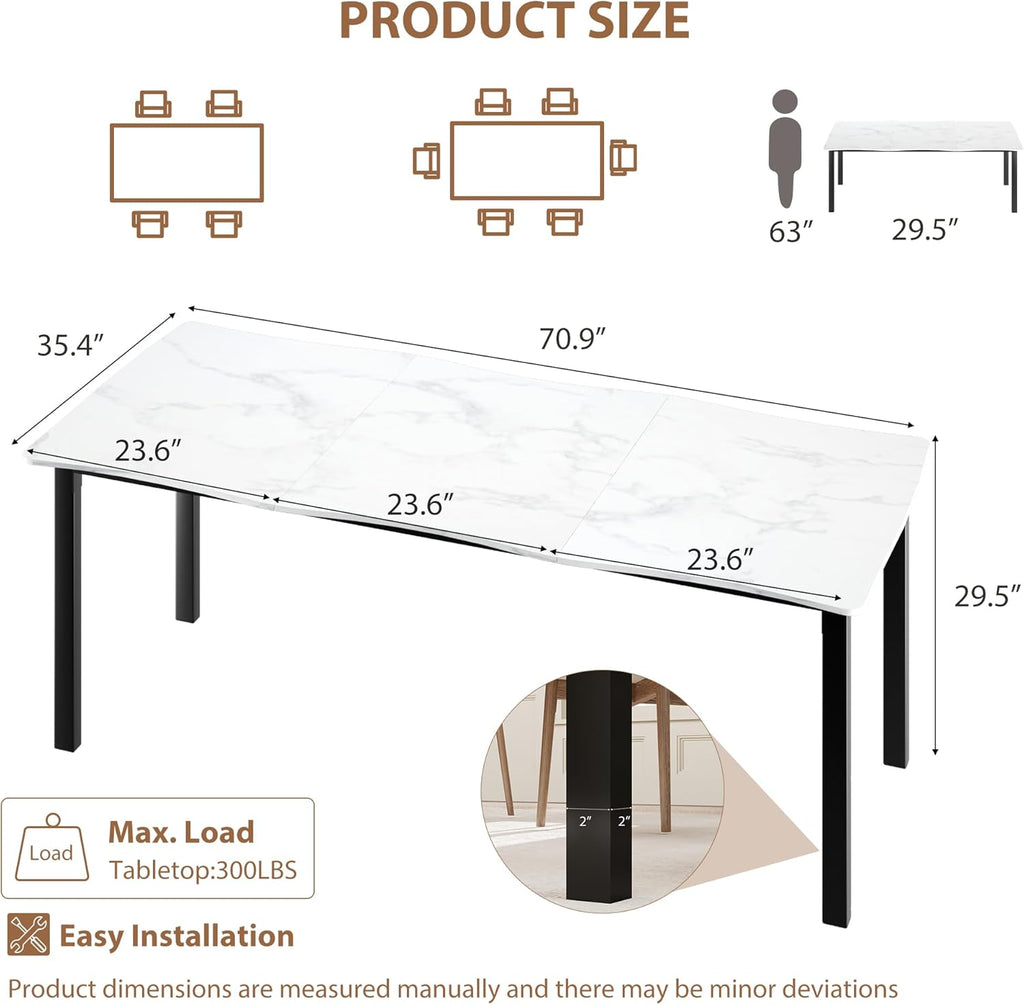 IDEALHOUSE Dining Room Table for 6-8 People, 71”Dining Table, Kitchen Table with Iron Legs and Irregular Desktop, Quick Assembly, 300Lbs Capacity, for Kitchen, Living Room, Marble(Only Table)