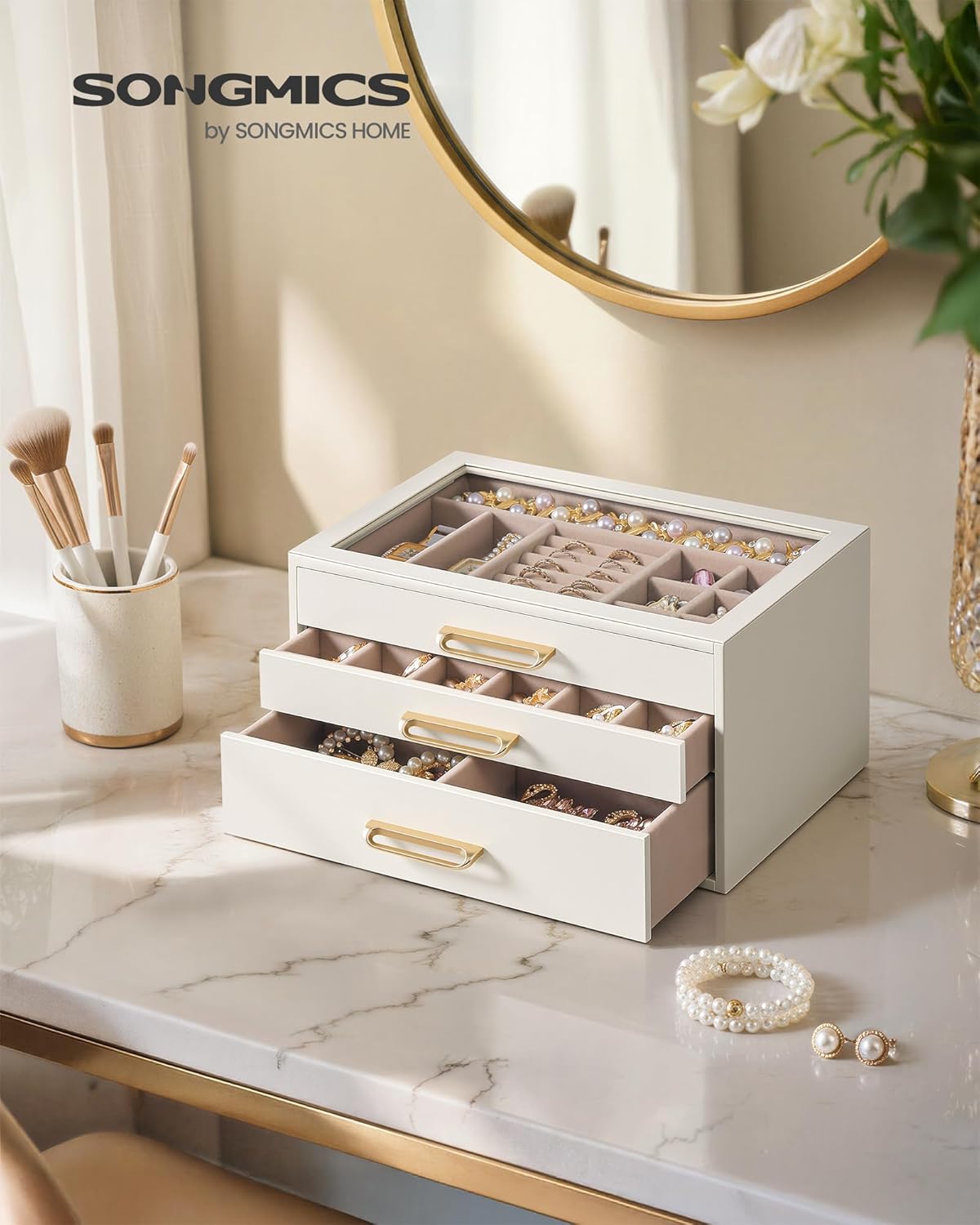 SONGMICS 3-Layer Jewelry Box with Glass Window, Jewelry Storage Organizer with 3 Drawers, Golden Handles, for Rings, Earrings, Bracelets, Gift Idea, Cream White, 6.3 x 9.4 x 4.9 Inches UJBC206WD02S
