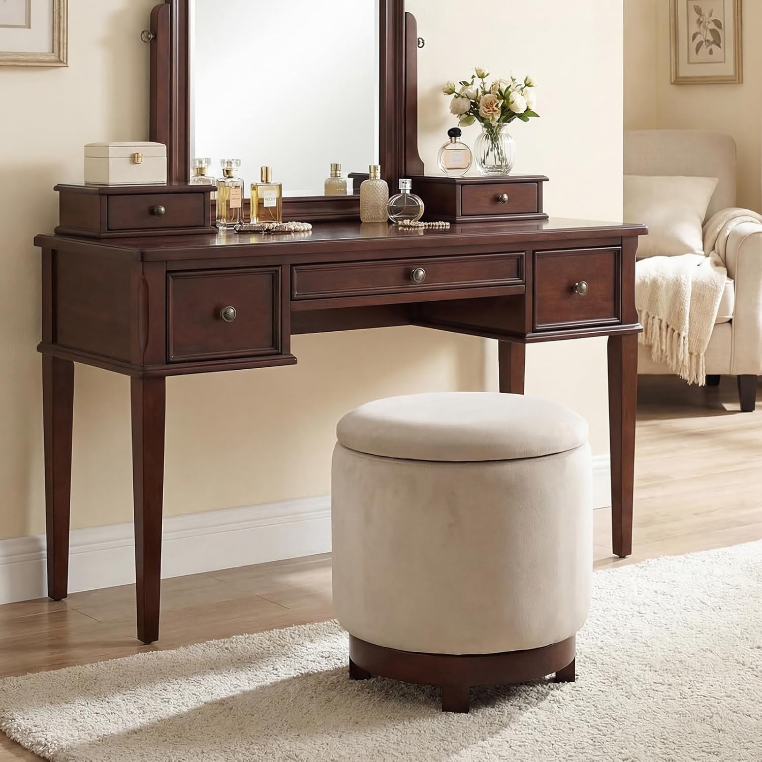 Giantex Round Ottoman with Storage, 360° Swivel Velvet Vanity Stool with Removable Lid, Wood Frame & Legs, Ottoman Foot Rest for Living Room, Bedroom, Makeup Room No Assembly (White & Walnut)