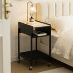 Bedside Table with Wheels Rolling Nightstand 3-Tier Sofa Side Table Modern End Table for Small Space Bedroom Office Living Room Marble Top and Open Shelf Easy Assembly (Black)