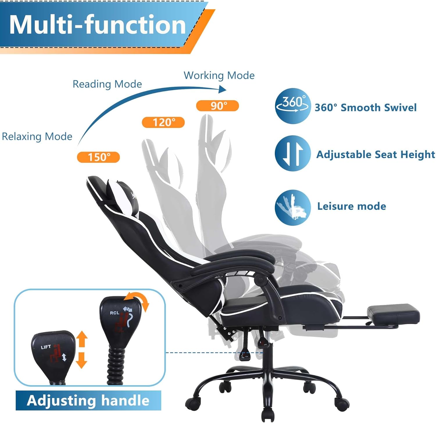 PayLessHere Ergonomic Racing Desk Chair Computer Chair Gaming Chair with Footrest Lumbar Support Headrest Armrest Task Rolling Swivel Ergonomic E-Sports Adjustable PC Gamer Chair, White