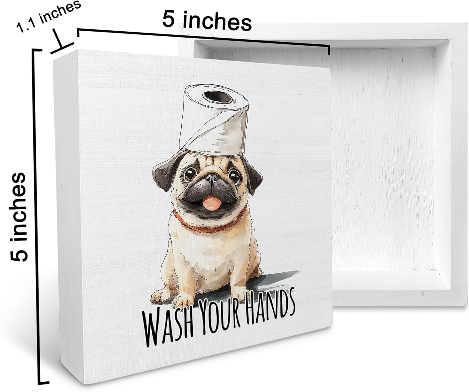 KU-DaYi Funny Dog Pug Bathroom Wooden Box Sign, Wash Your Hands Sign Bathroom Decor, Pug Desk Accessories for Dog Lovers Wooden Block Plaque Desk Shelf Decor 5x5 Inch
