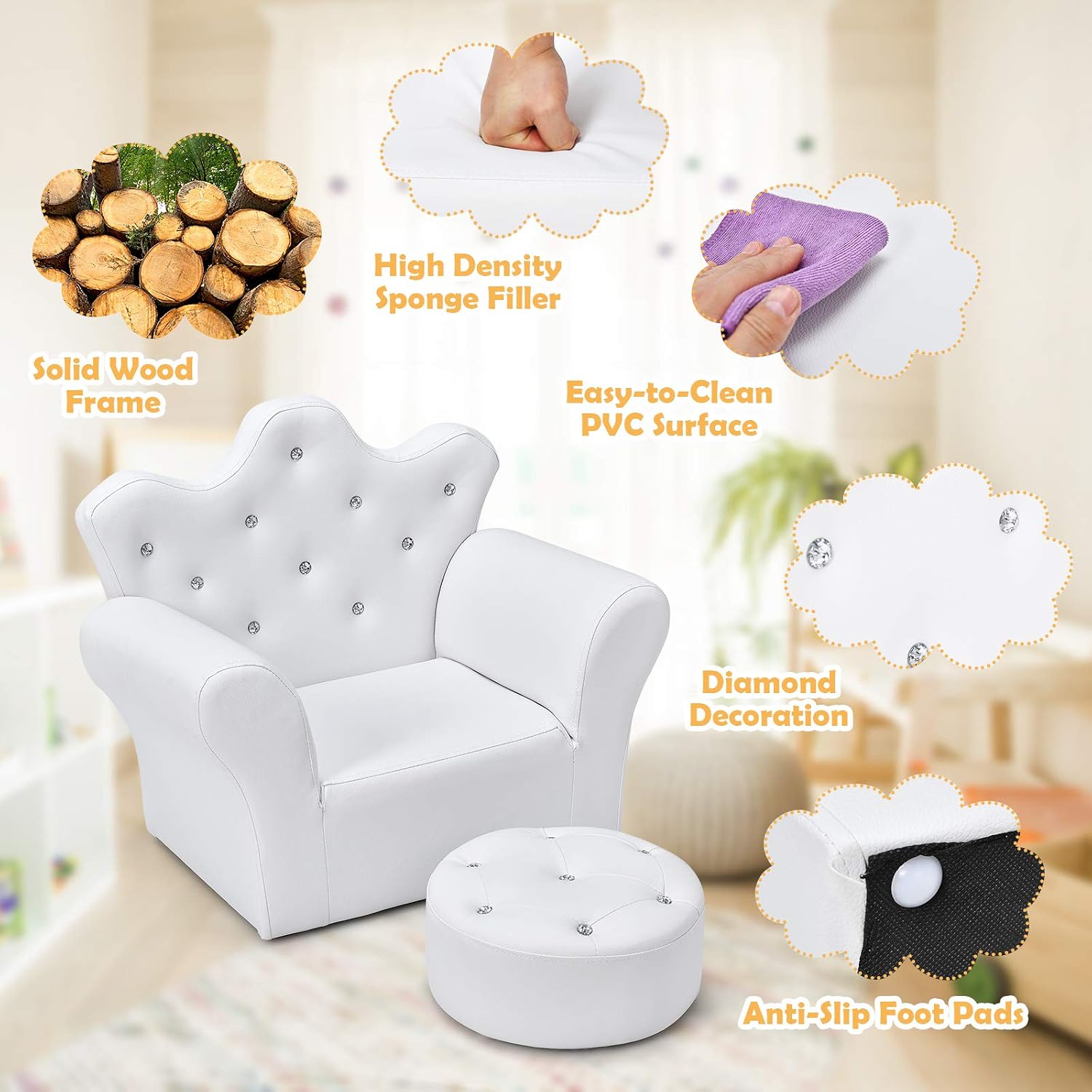 MAT EXPERT Toddler Couch with Ottoman, Kids Royal Sofa Couch with Smooth PVC Leather, Crown Shape & Diamond Buckle Decoration, Upholstered Kids Sofa, Ideal for Boys & Girls Age 3-5 (White)