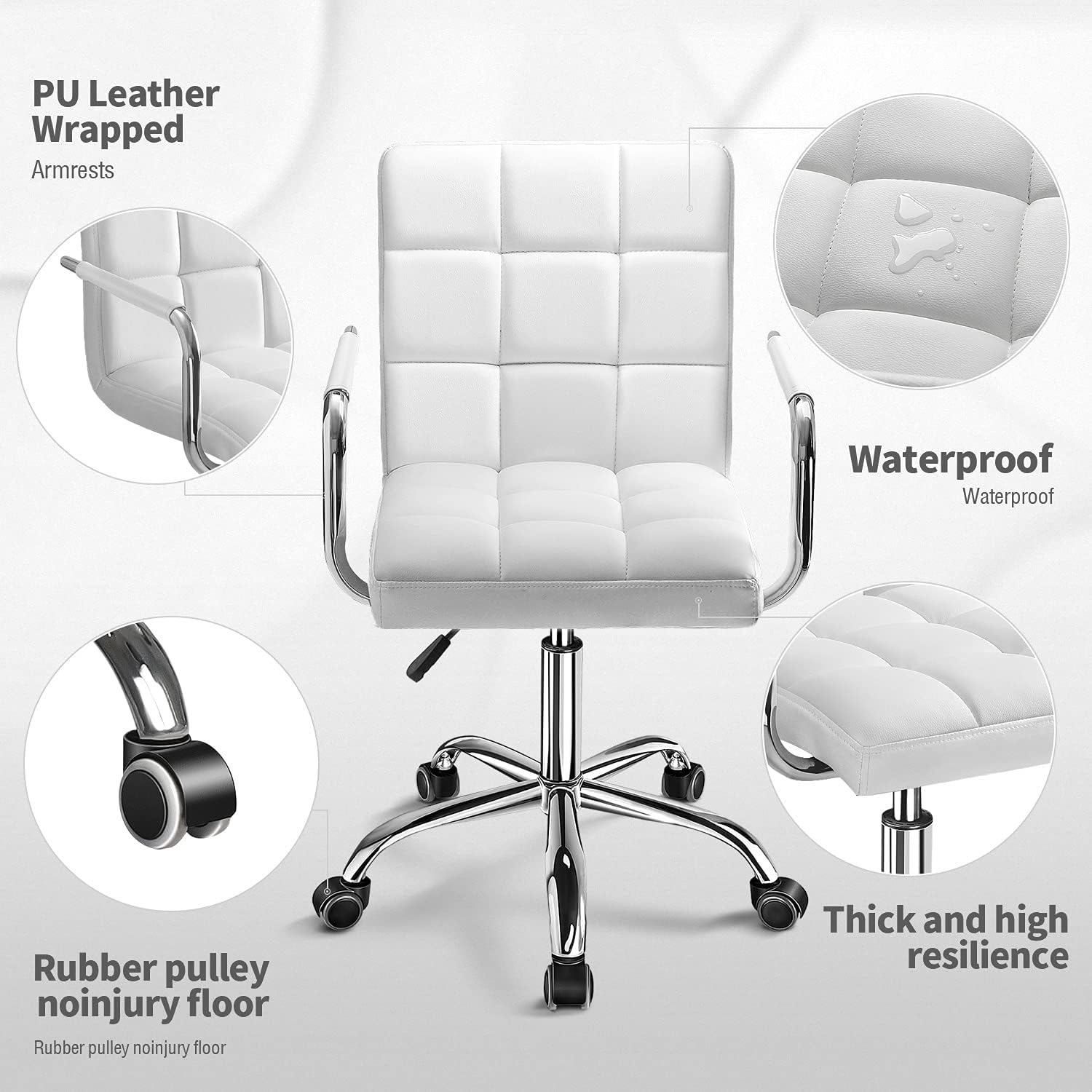 Kemon Office Chiar Desk Chair with Armrests/Wheels Pu Leather Mid Back Adjustable Height Computer Chair for Teens/Students 360°Swivel Rolling Tast Chair(White)