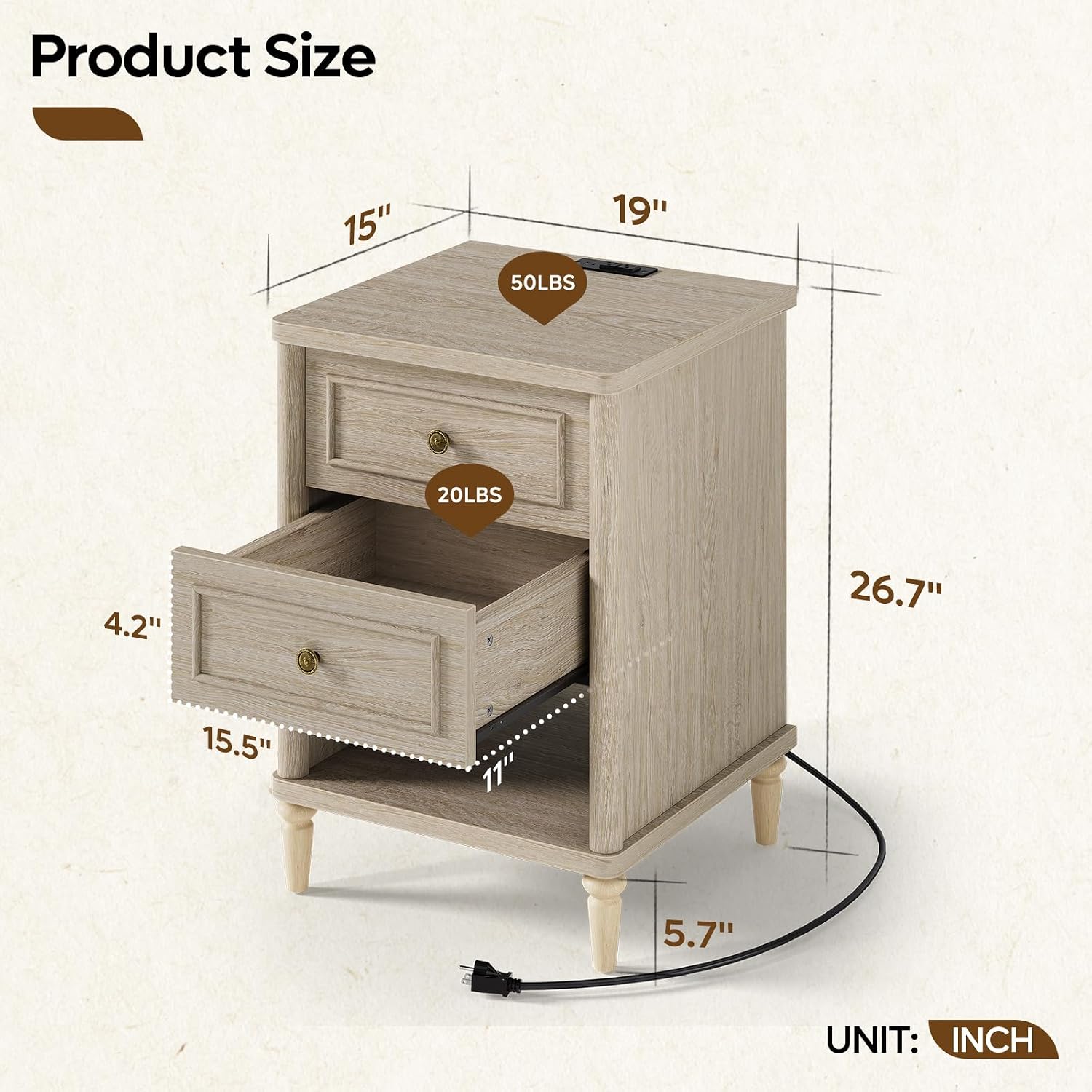 Bestier Night Stand with Charging Station, 26.7" H Farmhouse Nightstand with 2 Drawers & Open Shelf, Solid Wood Nightstand with AC Outlets, USB & USB-C Ports, Bed End Tables for Bedroom, Cream Oak