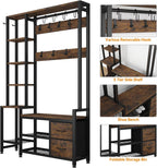 Hall Tree for Entryway 43", Bench with Shoe Storage, Large Coat Rack Shoe Bench with 5 Tier Shelves, 5 in 1 Design Front Door Shoe Rack and Wall Rack Hooks, and 2 Drawers (Rustic Brown)