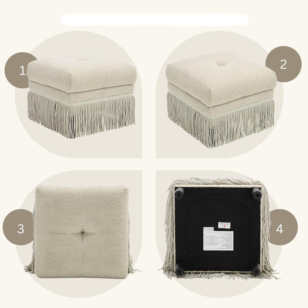 Hyfirm 22 Inch Square Beige Ottoman with Fringe for Living Room, Plush Modern Boho Upholstered Accent Pouf Ottomans Foot Rest for Bedroom, Footstool Ottoman End of Bed