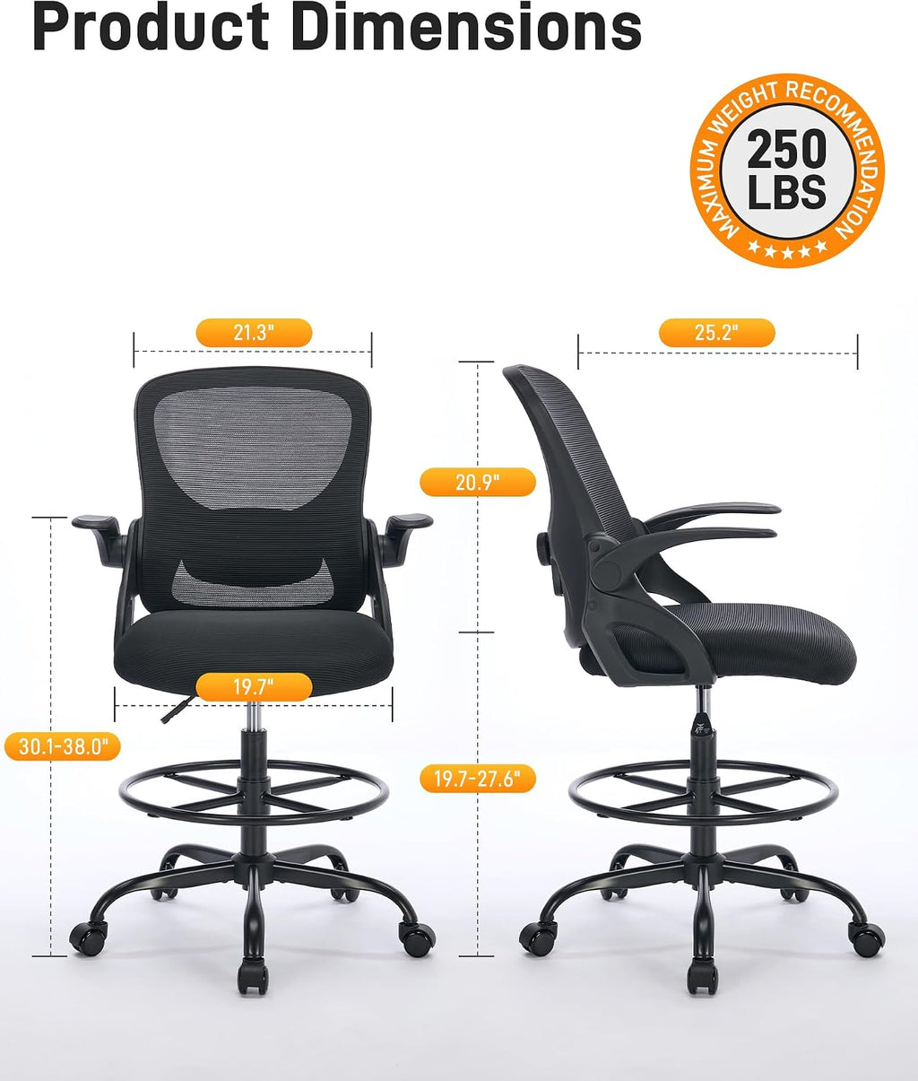 LukkDys Drafting Chair with 4D Multi-Adjustable Backrest, Tall Office Chair 19.7"-27.6" Seat Height, Ergonomic Standing Desk Chair with Flip-up Arms, Foot Ring, Black